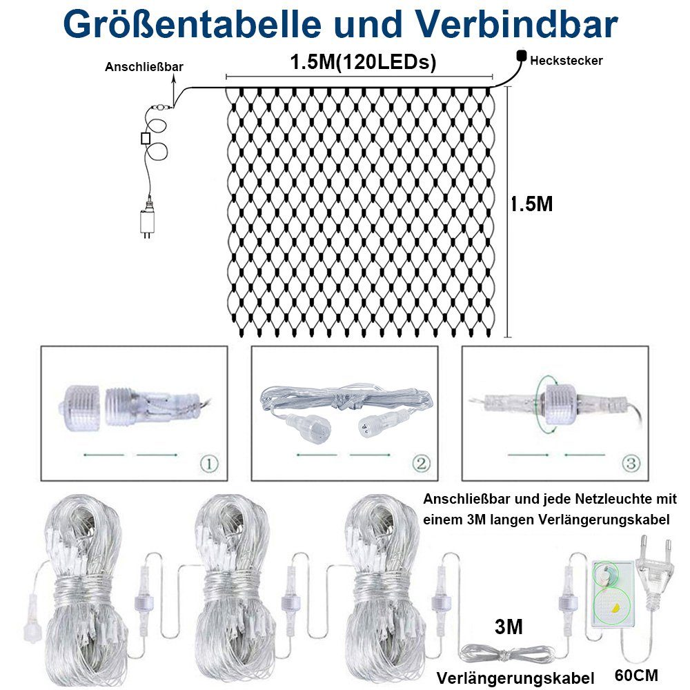 Rosnek LED-Lichternetz wasserdicht, 8 Lichternetz, Beleuchtungsmodi, 1.5x1.5M/2x2M/3x2M/6x4M Urlaub, LED Party für Hochzeit Blau Weihnachten