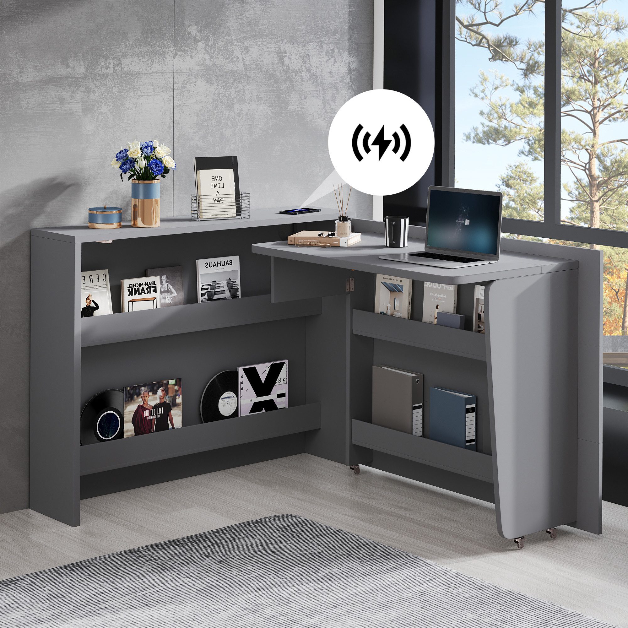Merax Schreibtisch faltbarer, 2-in-1 Sideboard/Schreibtisch mit Rollen & Wireless Charger (1-St., ideal für Homeoffice & modernes Wohnen), Bürotisch Matt Arbeitstisch mit Regal, Kippsicherung & Bremsrolle
