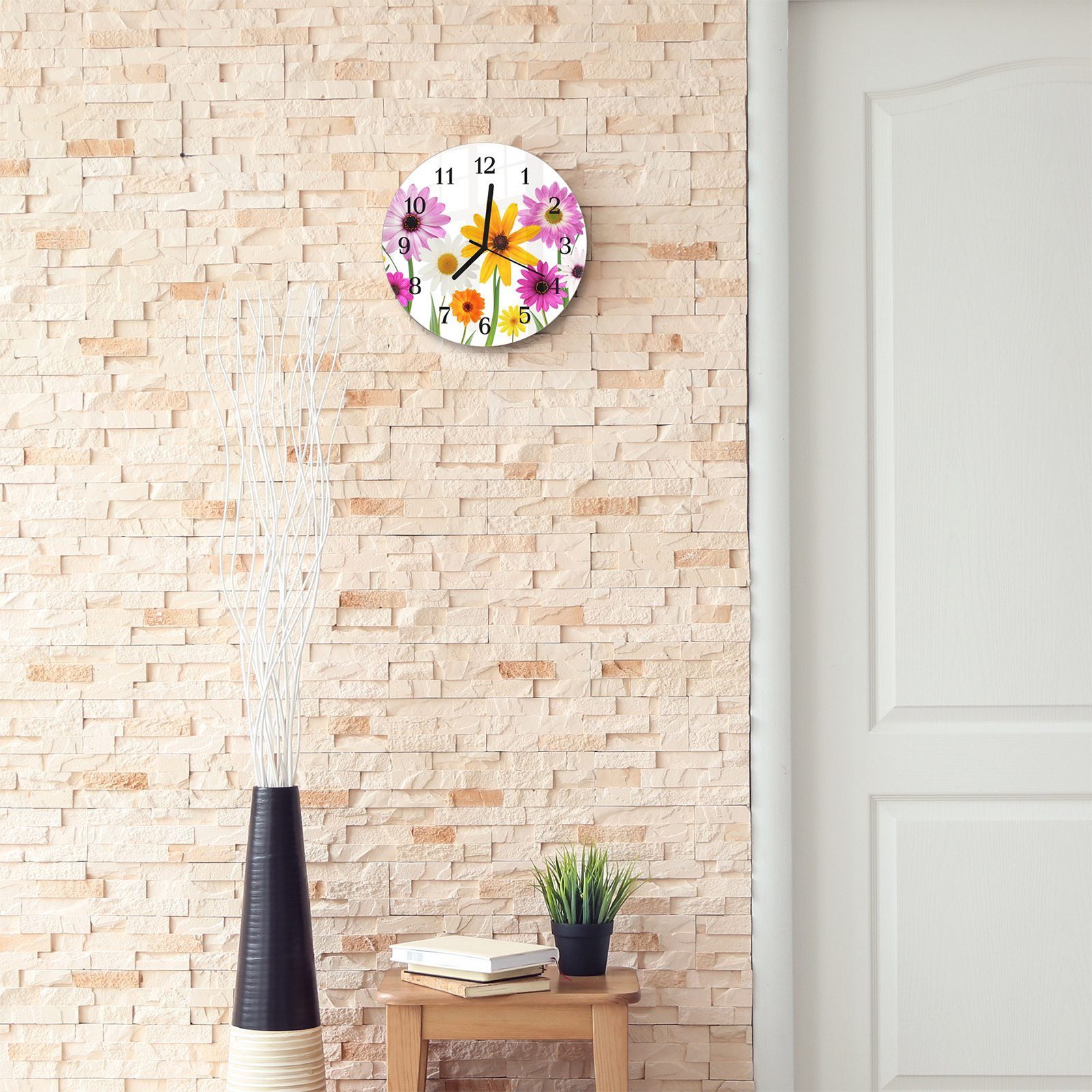Durchmesser Wanduhr Gänseblümchen Primedeco Quarzuhrwerk Wanduhr cm 30 aus - und Motiv Glas mit Rund Sommer mit