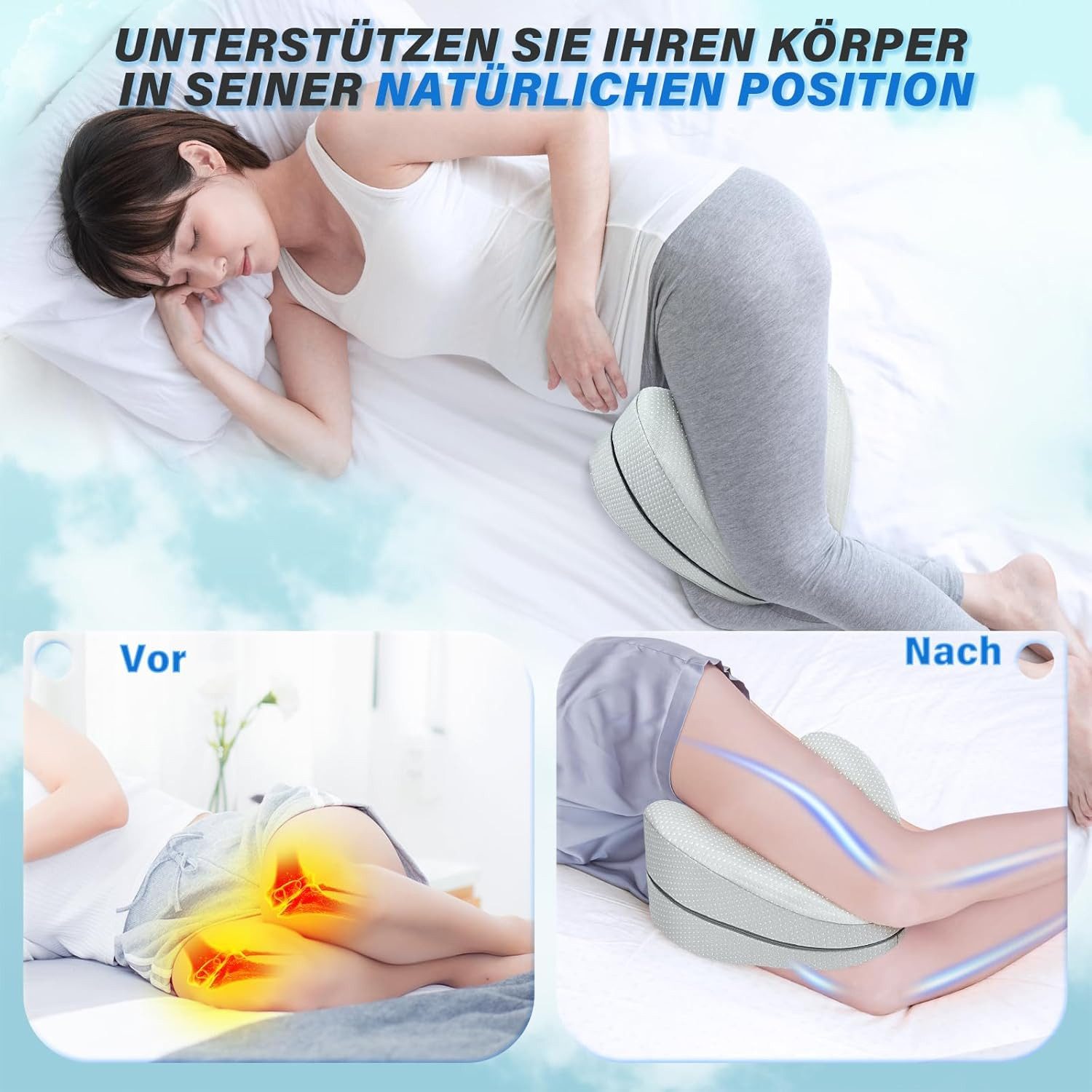 Vivitar Kniekissen für Seitenschläfer, Memory Foam Beinkissen zur Entlastung von Rücken, (Premium Memory-Schaum für erholsamen Schlaf & bessere Körperhaltung, Hüfte & Knien, Ergonomisches Design mit abnehmbarem, waschbarem Bezug)