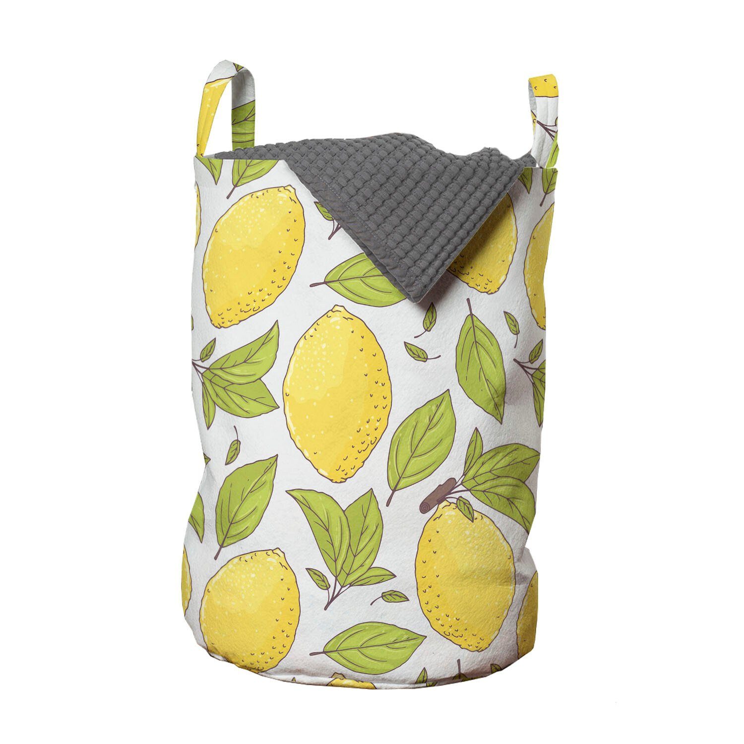 Abakuhaus Wäschesäckchen Wäschekorb mit Griffen Kordelzugverschluss für Waschsalons, Zitrone Limonade Obst Blätter Doodle