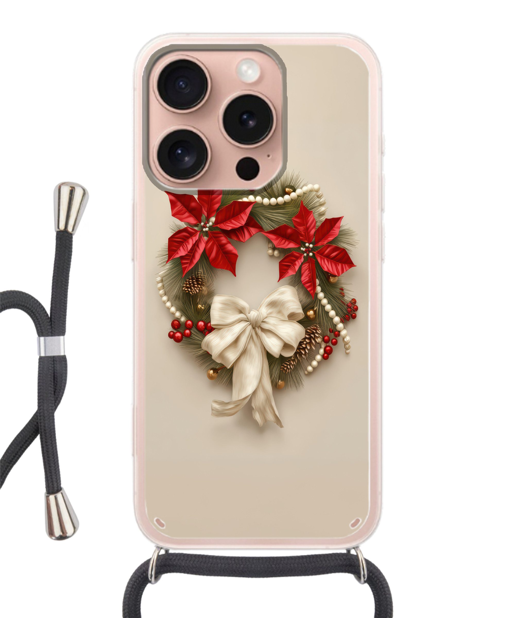 MuchoWow Handyhülle für Apple iPhone 16 Pro Türkranz - Schleife - Weihnachten - Rot - Grün, Tragbare Handyhüllen mit Kette zum umhängen, Handykette Handyband
