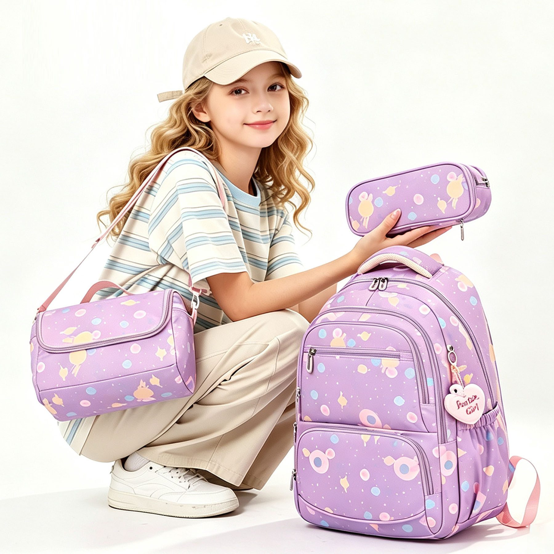 Mutig Schulrucksack Schulrucksack Teenager,Schulranzen-Set 3-teilig,große Kapazität (Wasserdicht Schulranzen,Unisex Geeignet für Mittelstufe-Universität, Mit Anhänger für jugendliche zum Schulbesuch,Einkaufen,Camping usw), Mit ergonomischem Design zur Entlastung von Schultern und Rücken