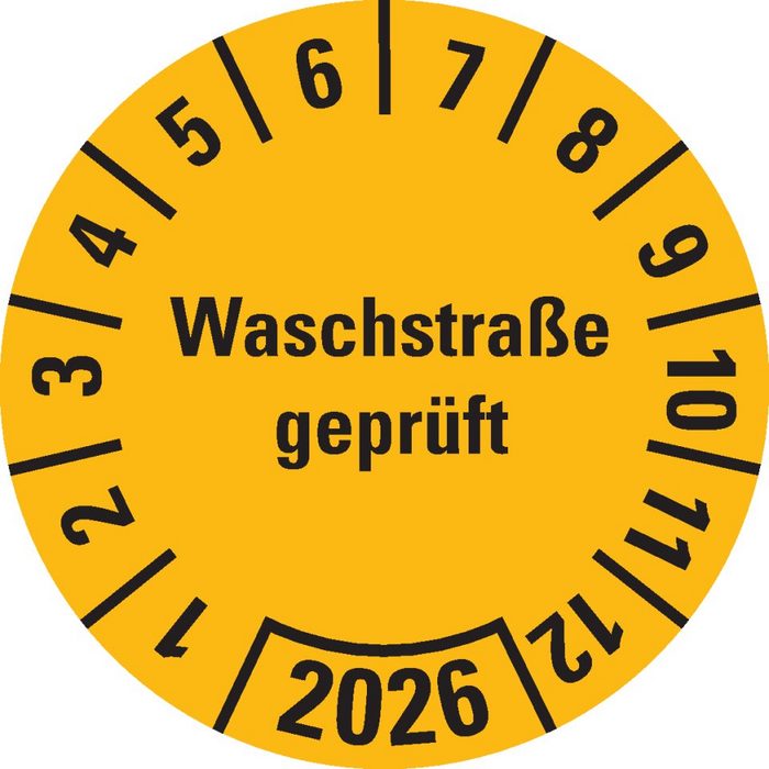König Werbeanlagen Hinweisschild Prüfplakette Waschstraße geprüft 2026 gelb Dokumentenfolie Ø 30mm 18/Bogen