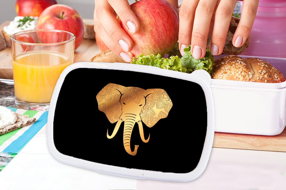 Brotbox und weiß Elefant Erwachsene, für Brotdose, und Mädchen - Jungs Gold Tasse Kunststoff, Lunchbox für - - Kinder Muster, (2-tlg), MuchoWow