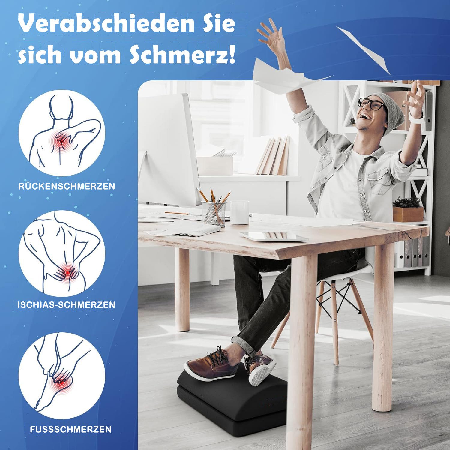 Happy Home Fußstütze Verstellbare Fußstütze mit waschbarem Bezug für Büro, Auto und Zuhause