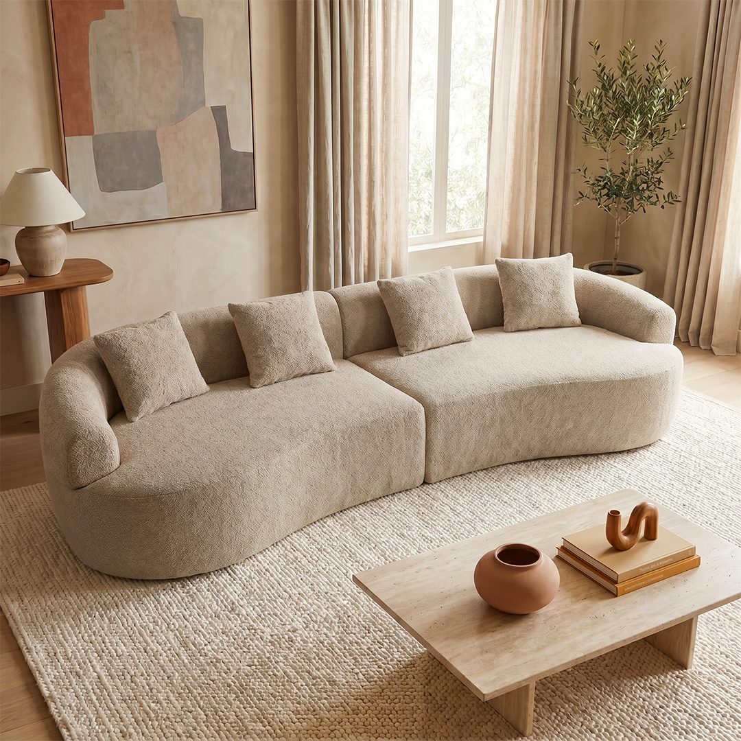 skølm Sofa Loki aus Teddy-Bouclé-Stoff, Vollschaumcouch mit Vakuum-Kompression, Beige, Couch 4 Sitzer mit 4 Kissen, kein Aufbau notwendig