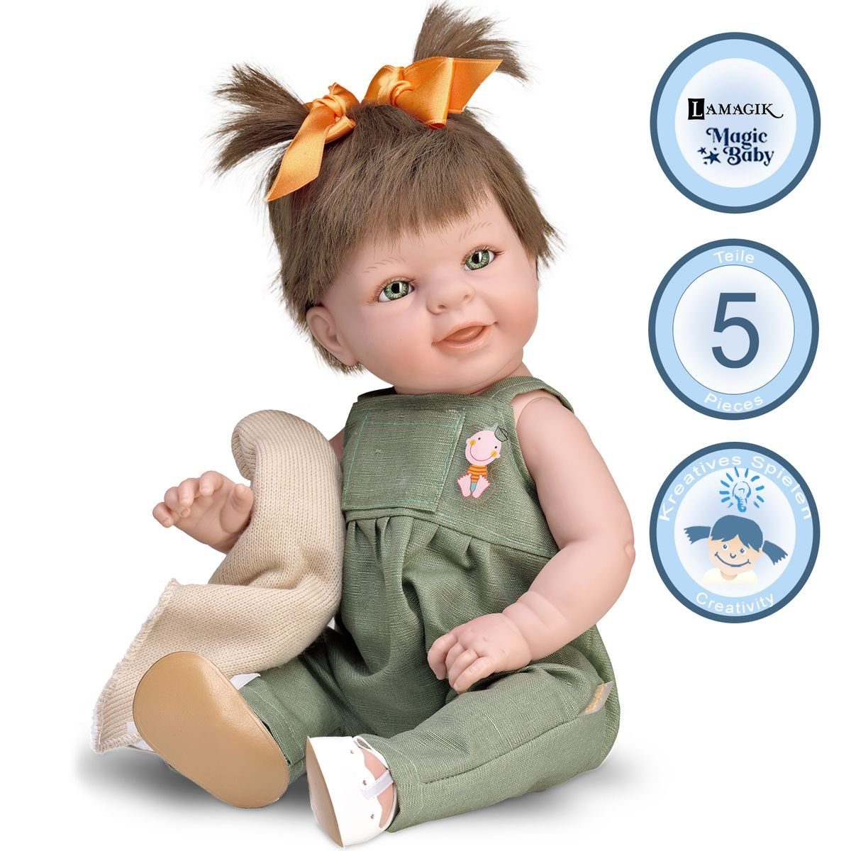 Lamagik Anziehpuppe Lilly 47cm mit braunen Zöpfen und Bekleidung