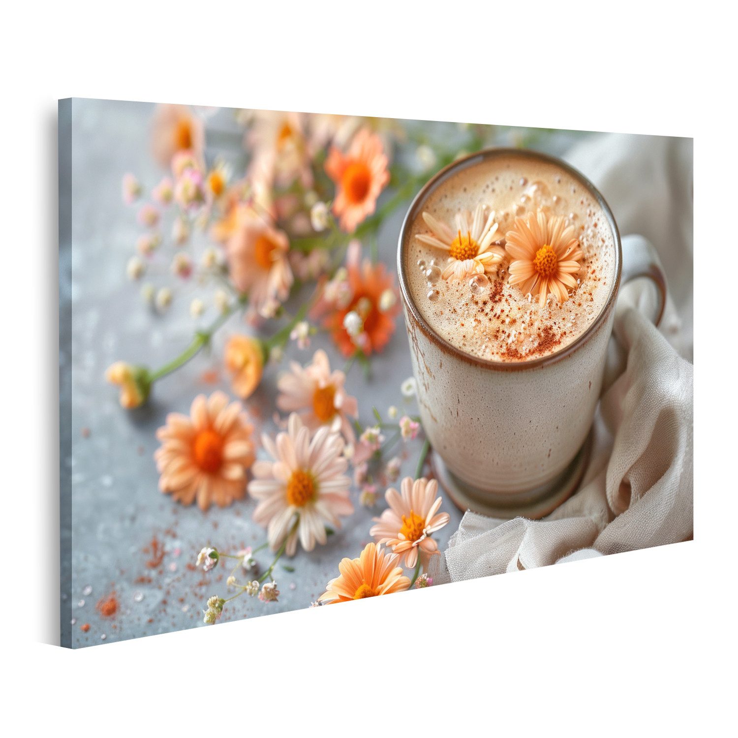 islandburner Leinwandbild Florale Latte Art: Zarte Blumenmuster auf cremigem Espresso-Hintergrun