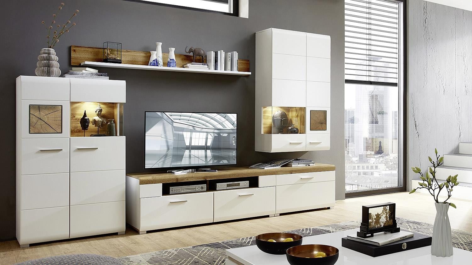 Innostyle Wohnwand Wohnwand Fun Plus Anbauwand weiß matt Eiche Altholz Hirnholz, (5-St)