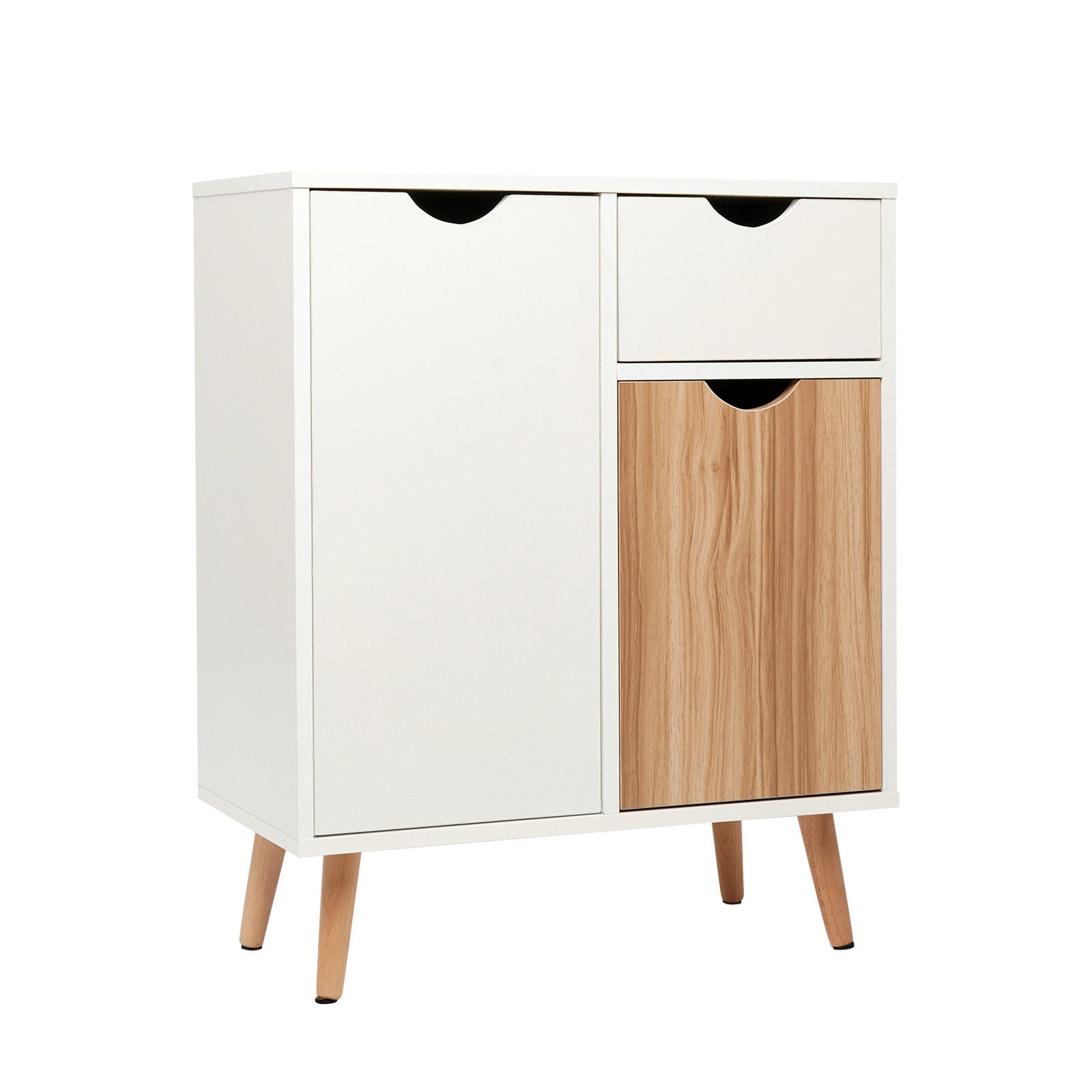 Mondeer Kommode Beistellschrank, Multifunktionale Möbel mit 1 Schublade und 2 Türen, Weiß + Eiche