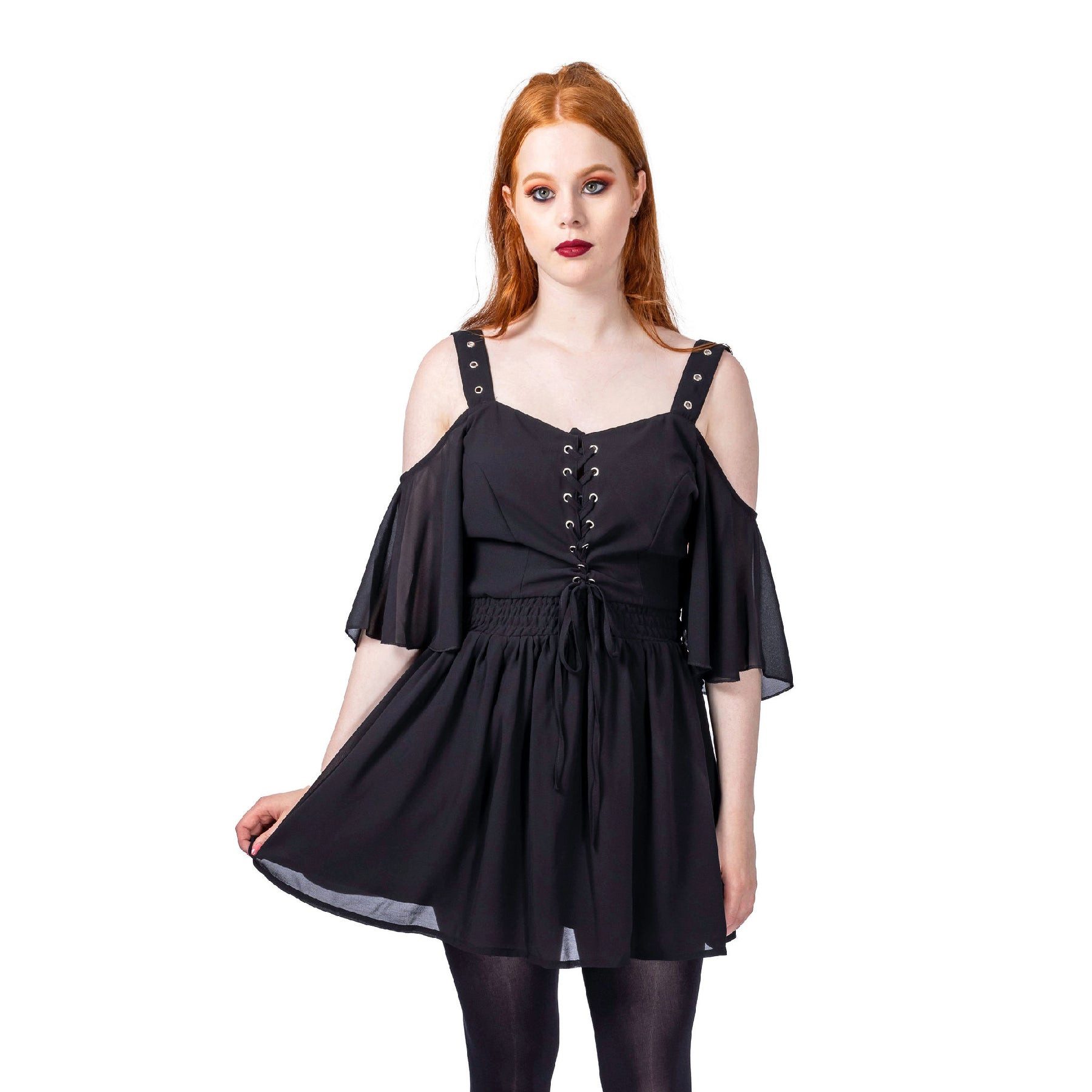 Poizen Industries Minikleid Catastrophe Schulterfrei Gothic Chiffon Schnürung Träger