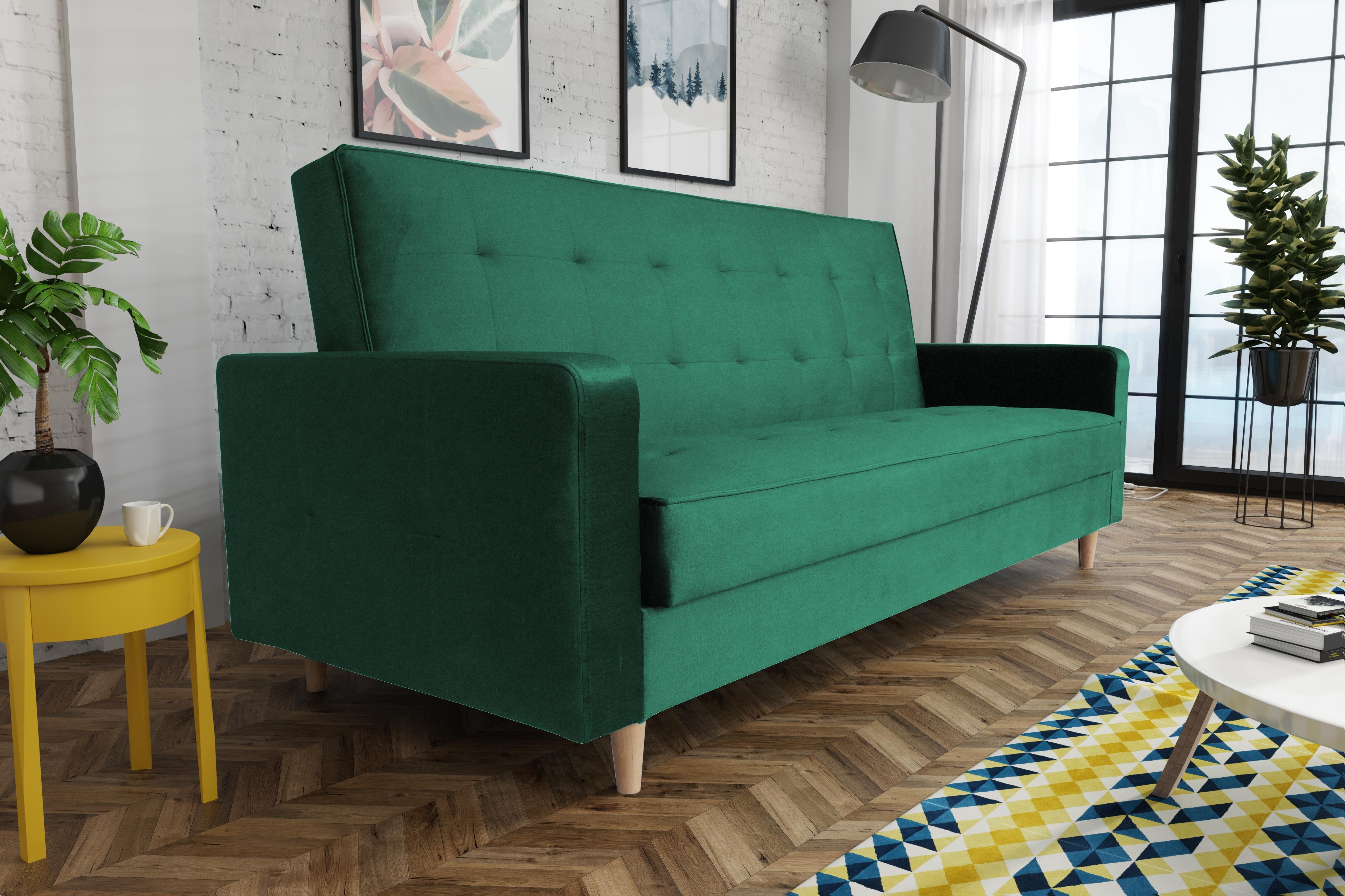 Beautysofa Schlafsofa Bamako, Sofa mit Stil, im und Couch Holzbeine Bettkasten, Schlaffunktion Flasches skandinavischen mit Polstersofa (kronos 19) grün