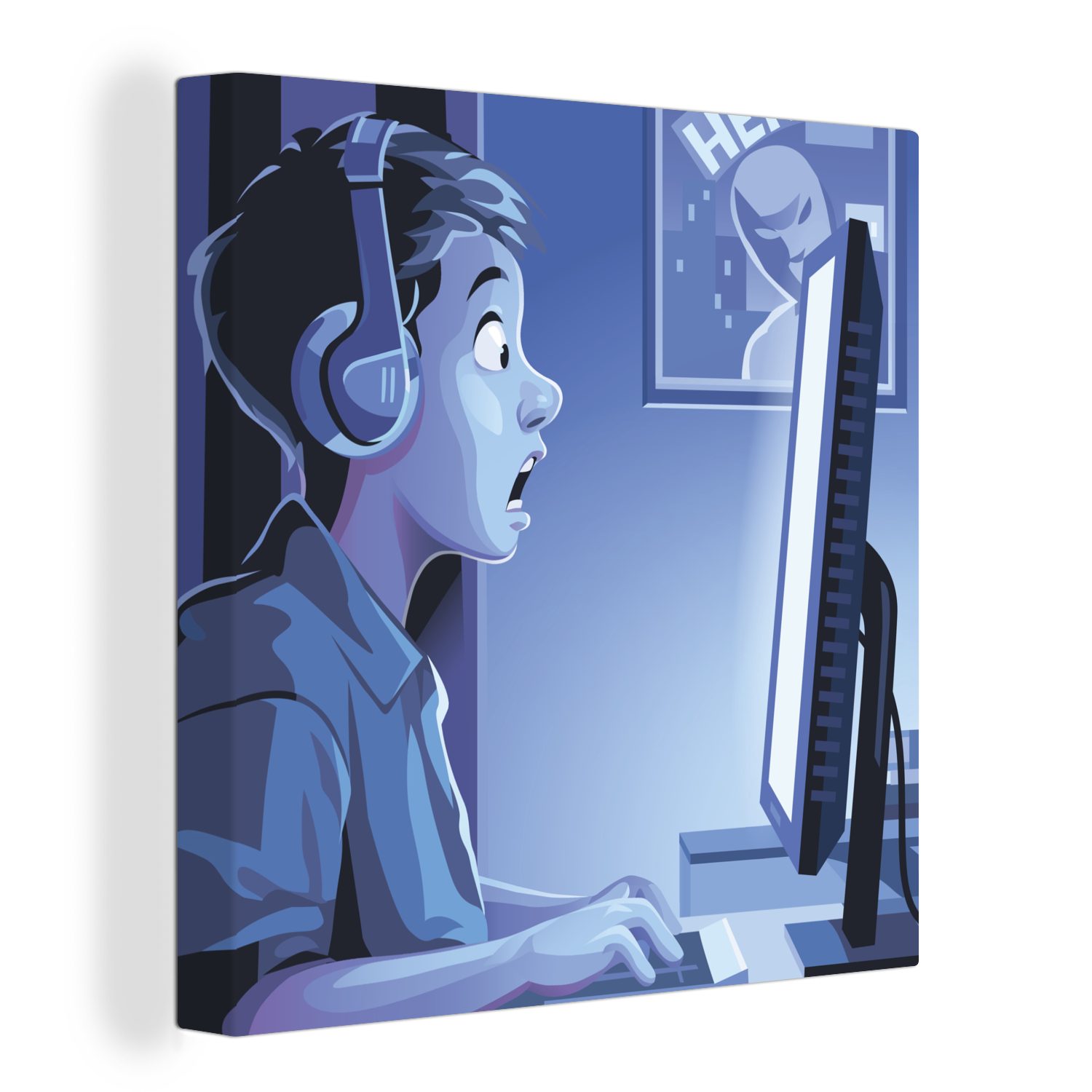 OneMillionCanvasses® Leinwandbild Junge - Spielen - Computer - Nacht, (1 St), Leinwand Bilder für Wohnzimmer Schlafzimmer | Leinwandbilder