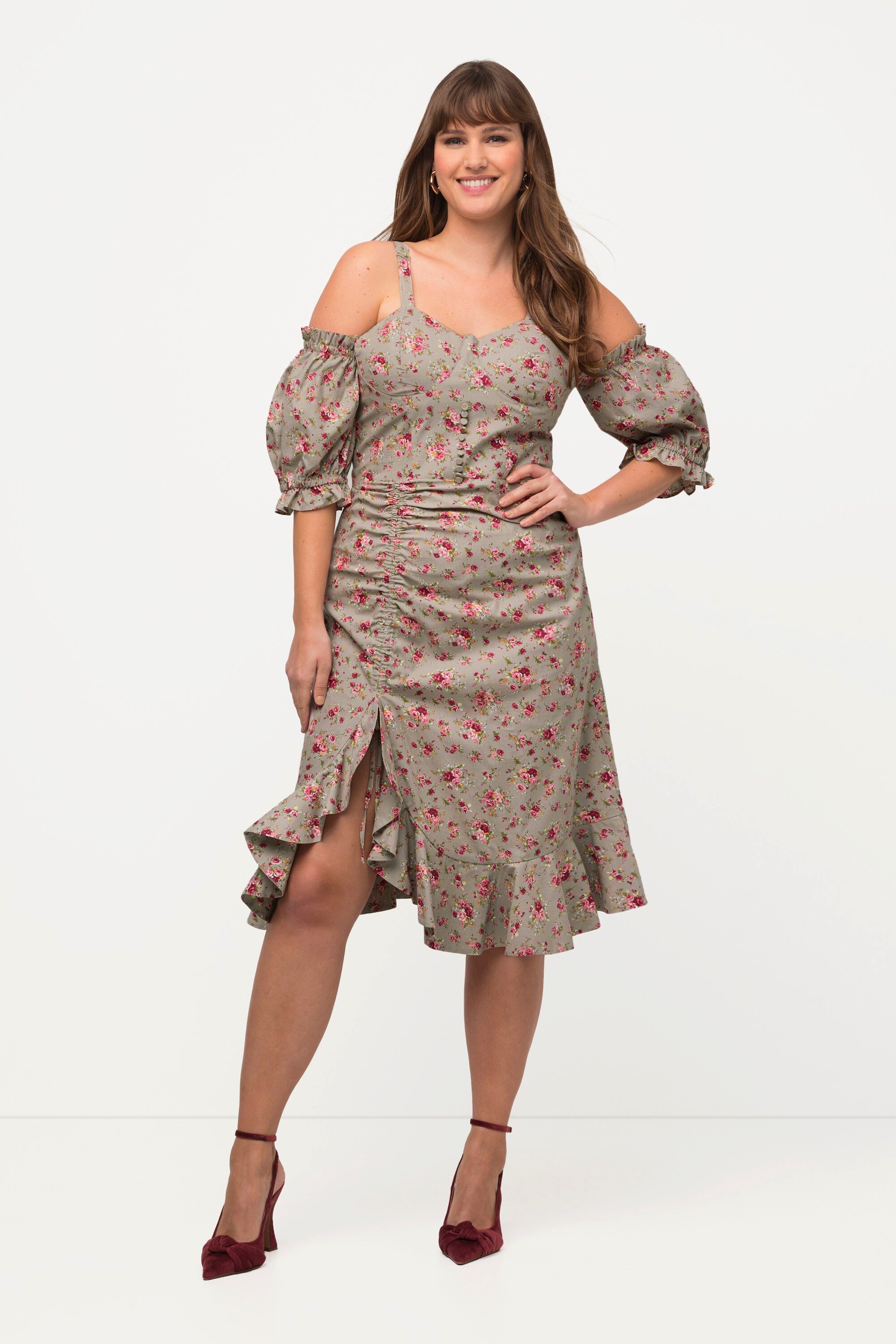 Midikleid Minikleid Rosen Halbarm schulterfrei Volantsaum