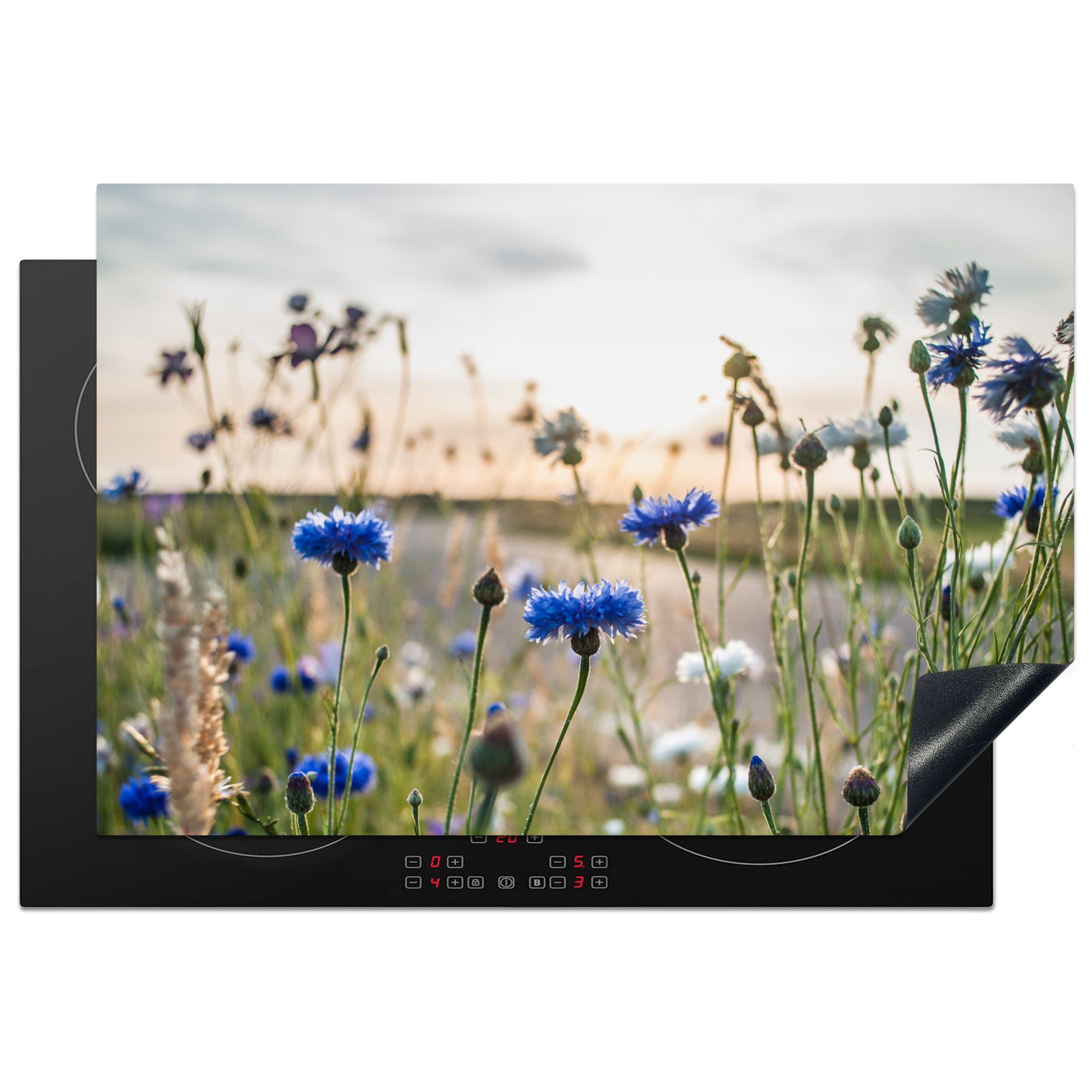 MuchoWow Herd-Abdeckplatte Blumen - Sommer - Kornblume - Blau - Sonne - Wolken, Vinyl, (1 tlg), Induktionsabdeckung Vinyl, Küchenzubehör, 77x51 cm