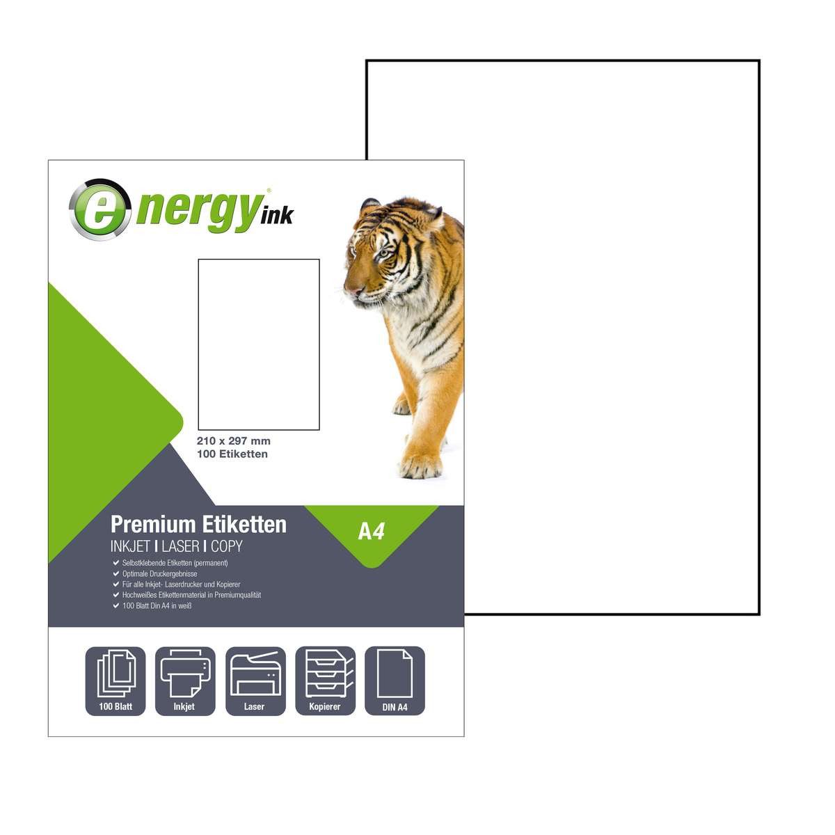 Energy-ink Etikettenpapier energy ink ET210x297, Etiketten 210 x 297 mm 100 Blatt - selbstklebend Din A4