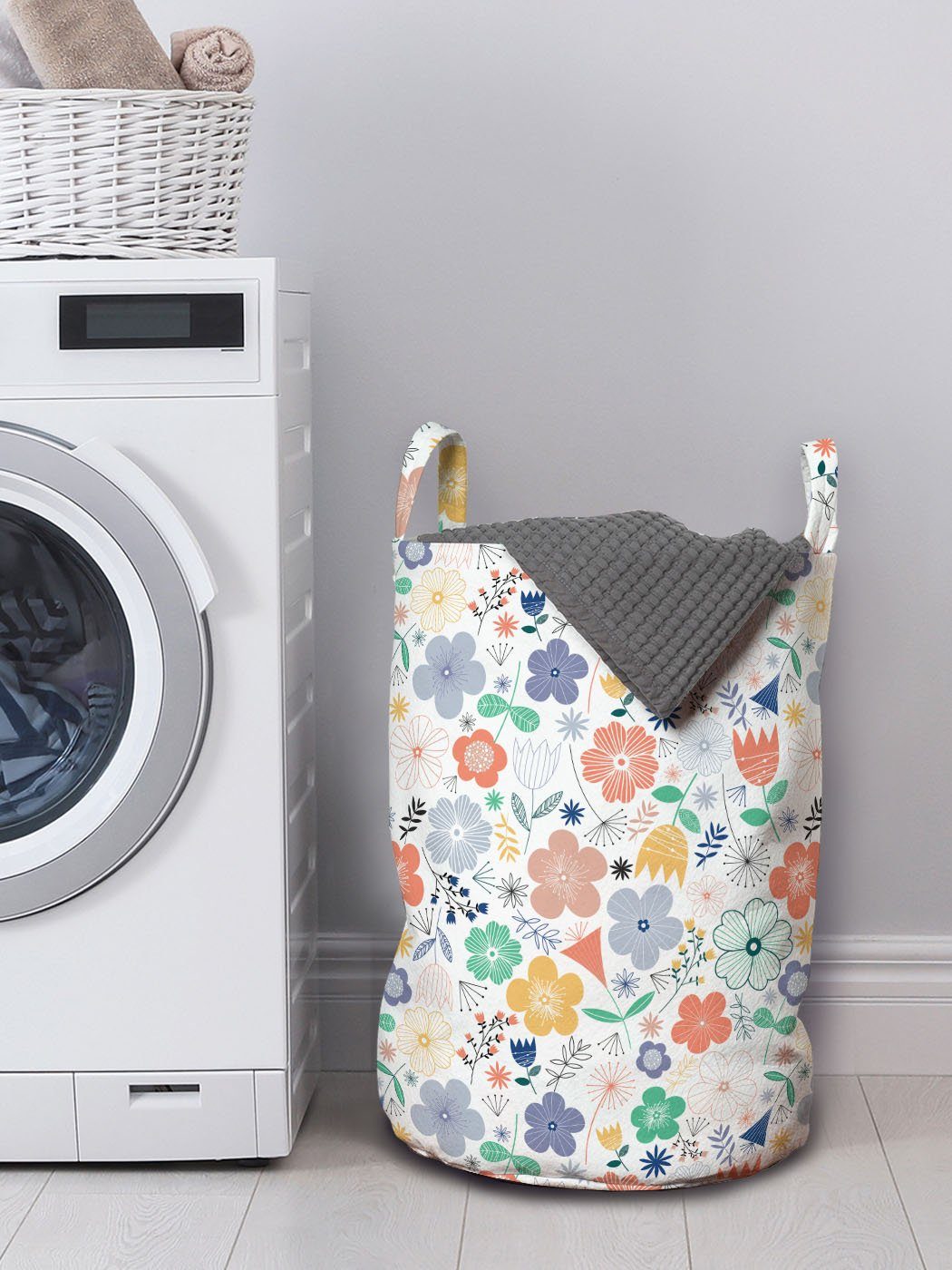Abakuhaus Wäschesäckchen Wäschekorb mit Kordelzugverschluss Waschsalons, Frühling für Griffen Wiesenblumen Scandinavian