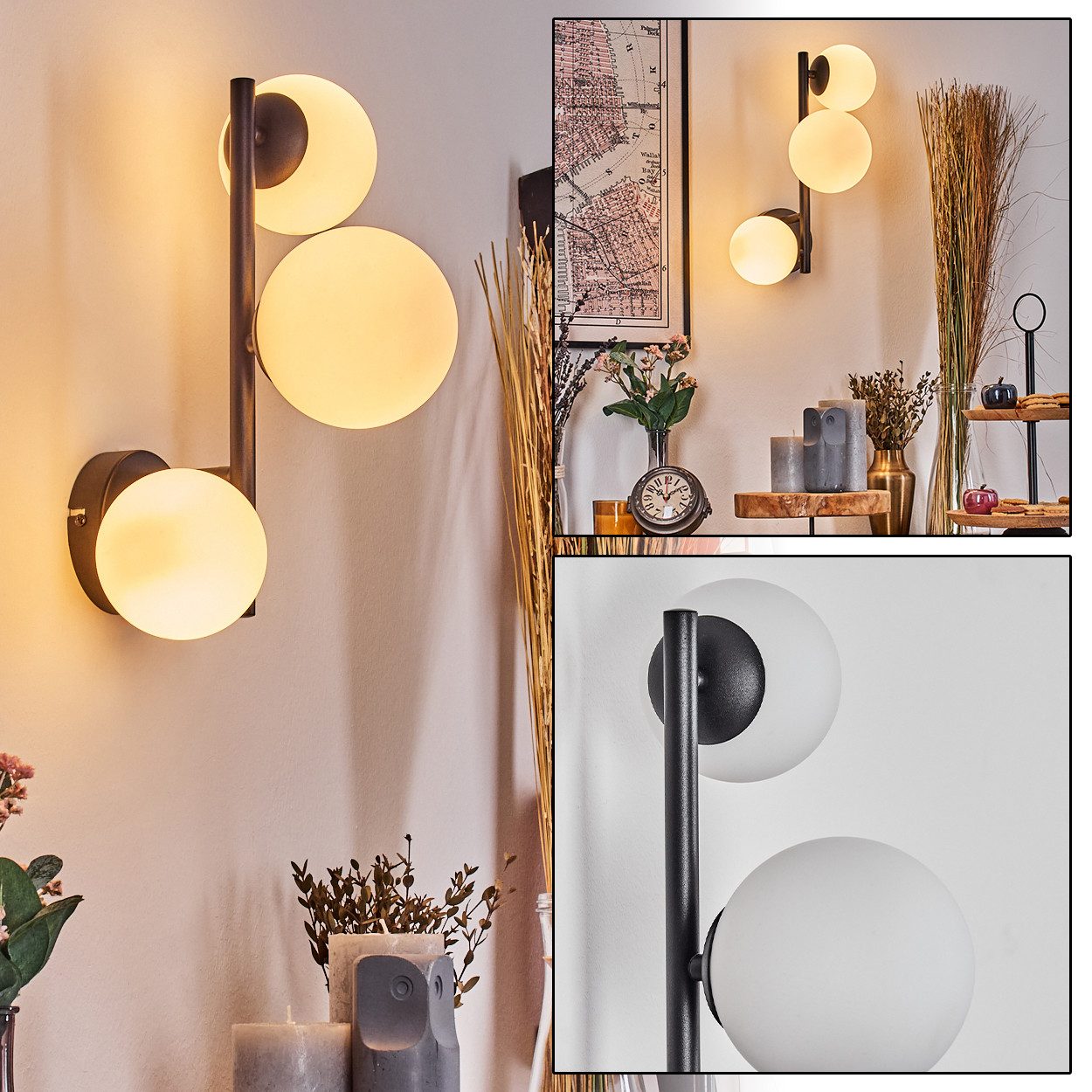 hofstein Wandleuchte Wandlampe aus Metall/Glas in Schwarz/Weiß/Milchglas, ohne Leuchtmittel, moderne Wandleuchte im Retro/Vintage-Desig (Schirme 10; 12cm), G9