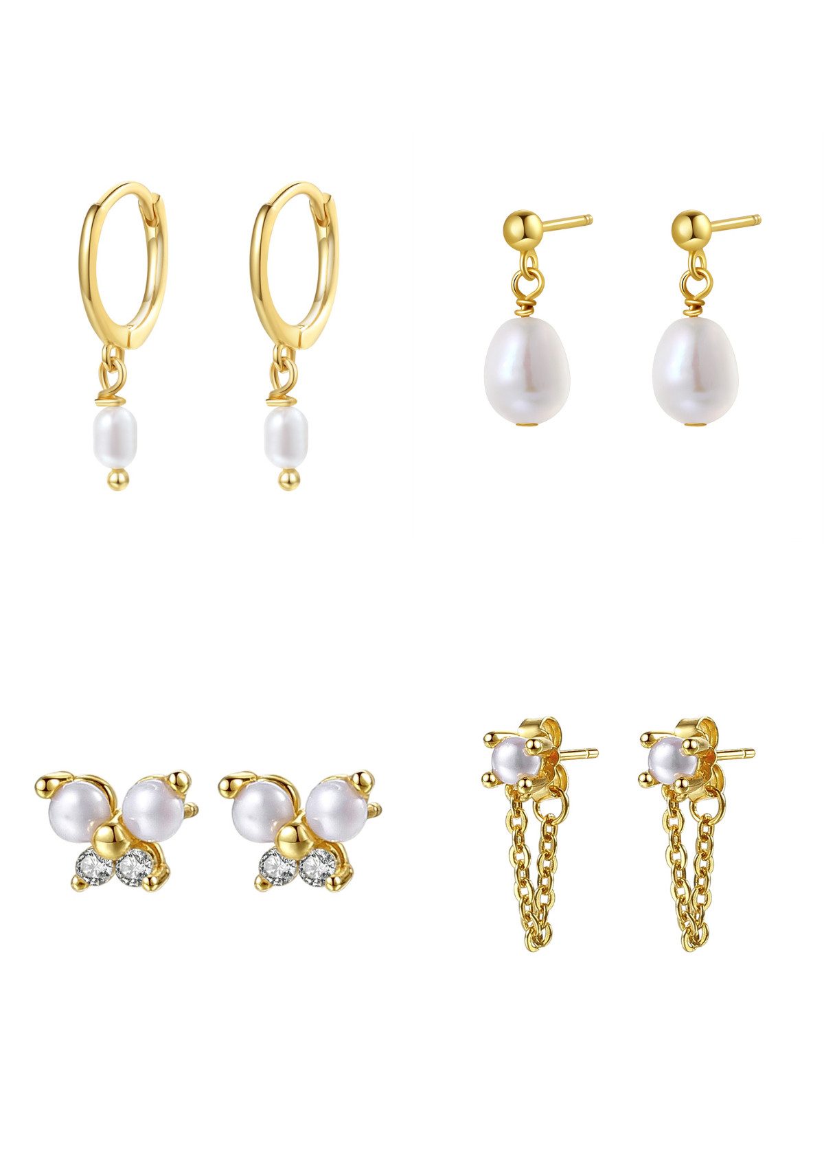 Hey Happiness Ohrring-Set Perlen Ohrstecker und Creolen, Layer Stapelbare Ohrringe, 8er Set 925 Silber Damenohrringe Süßwasserperle, 18K vergoldet