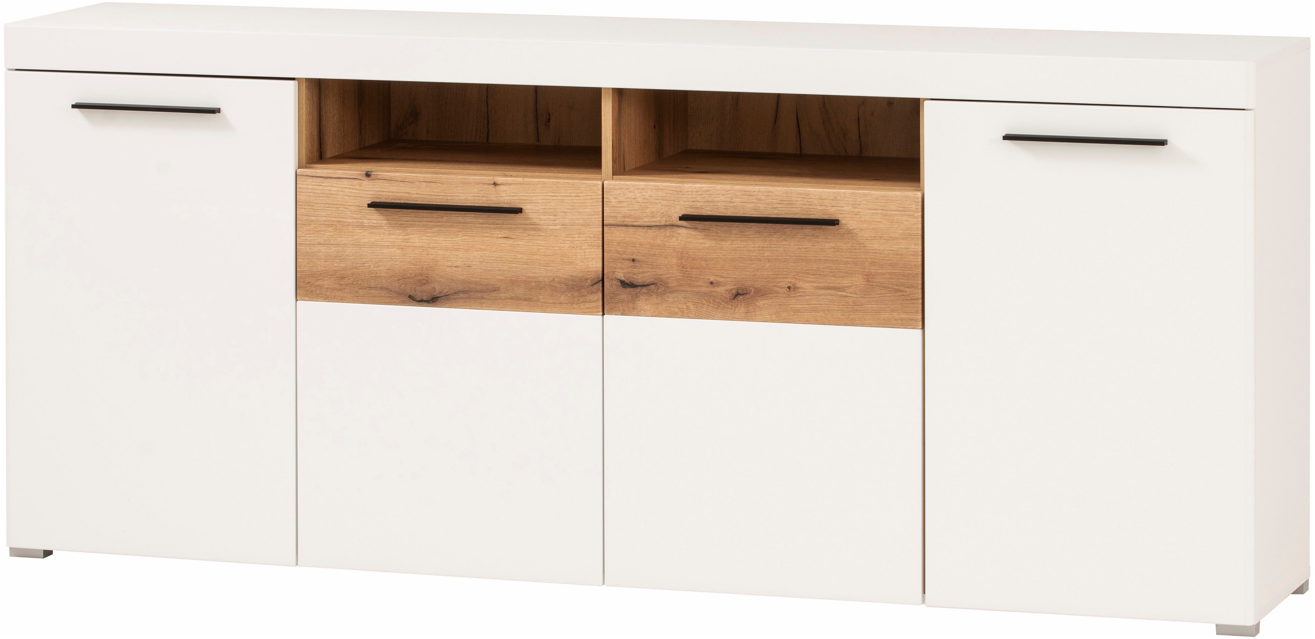 Home affaire Sideboard Salerno, moderner Schrank, Highboard in Weiß mit Eiche Evoke Dekor, Metallgriffe, ausreichend Stauraum, vielseitig einsetzbar, 205cm breit