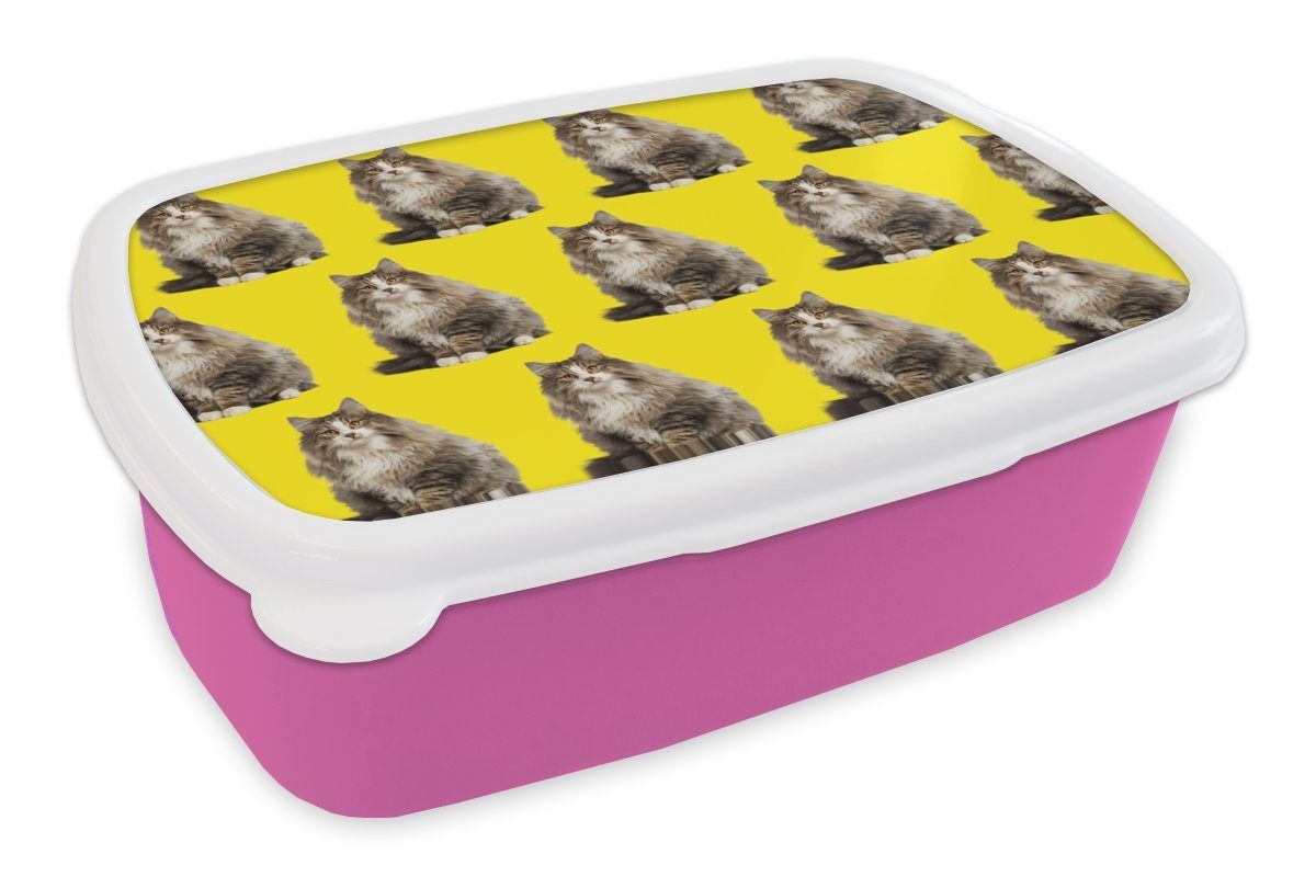 MuchoWow Lunchbox Katze - Muster - Gelb, Kunststoff, (2-tlg), Brotbox für Erwachsene, Brotdose Kinder, Snackbox, Mädchen, Kunststoff rosa