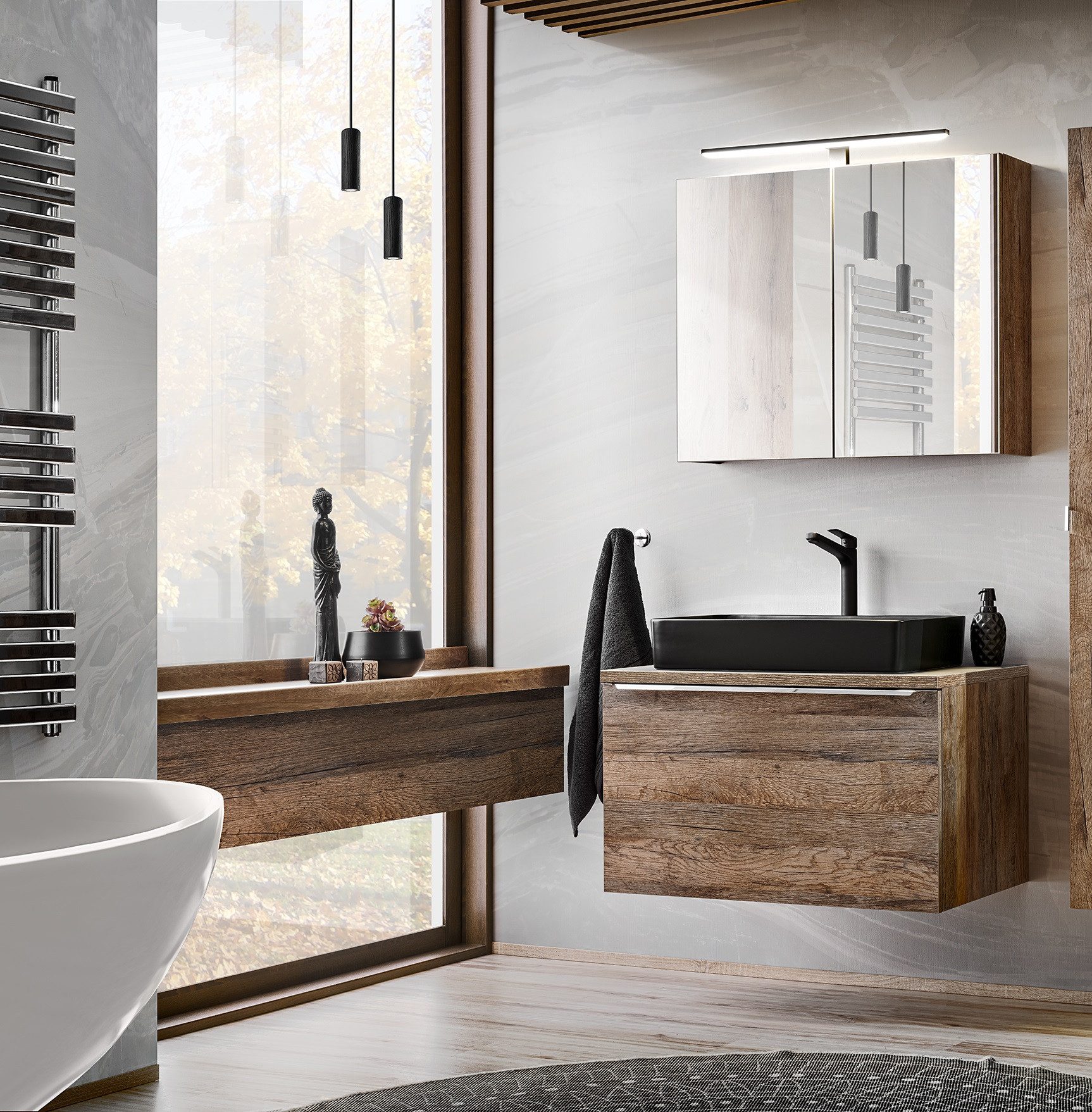 Fun Мебель Badmöbel-Set Serie AKAN 80cm Vintage Eiche 2/3teilig, (Set, 3-St), Spiegelschrank mit LED-Beleuchtung