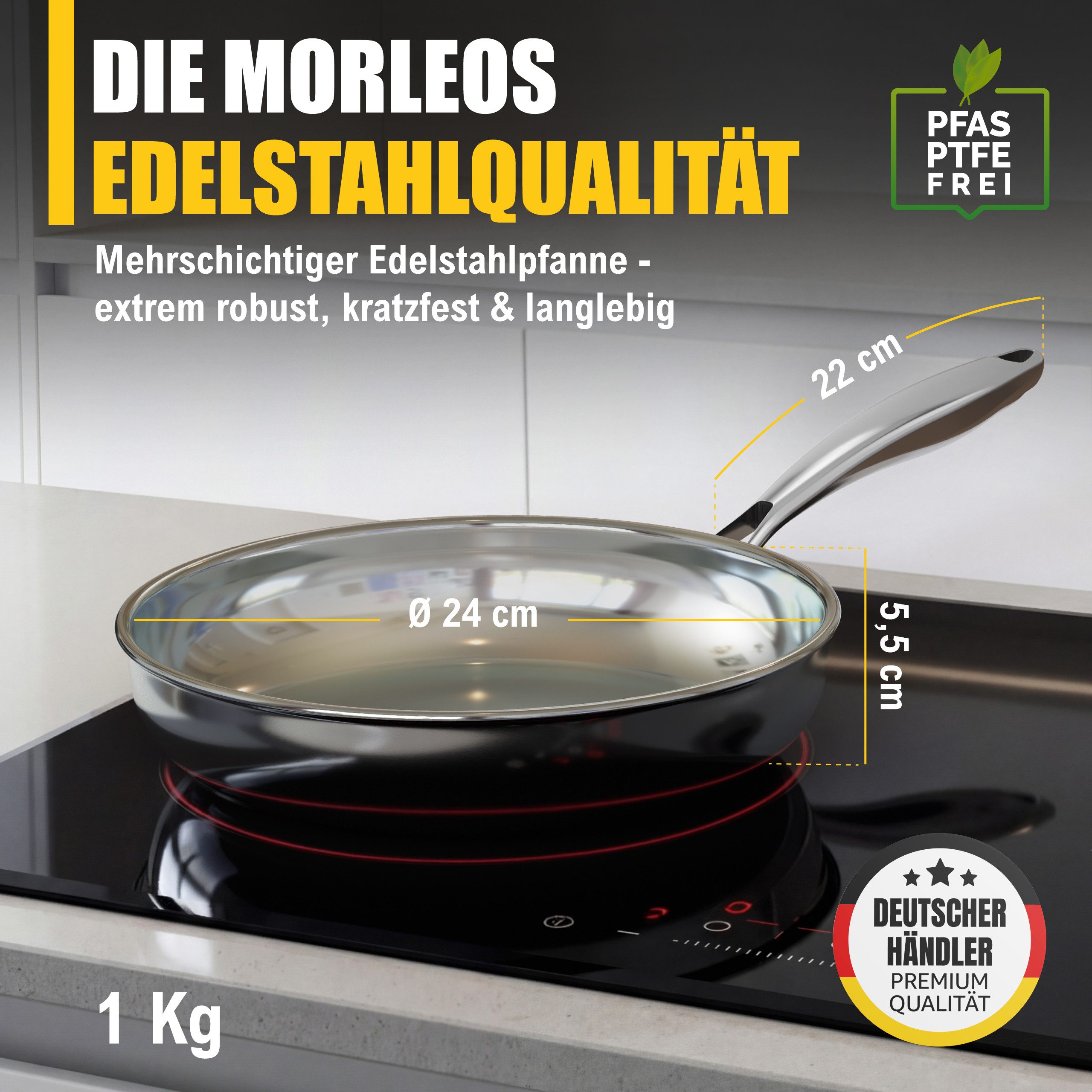 Morleos Bratpfanne Edelstahlpfanne 24cm Unbeschichtet 5-Schicht - 3mm -1 kg, Edelstahl (1-tlg., Xsteel), 5-Schicht, 3mm, 1kg, backofenfest, spülmaschinenfest, bis 400°C
