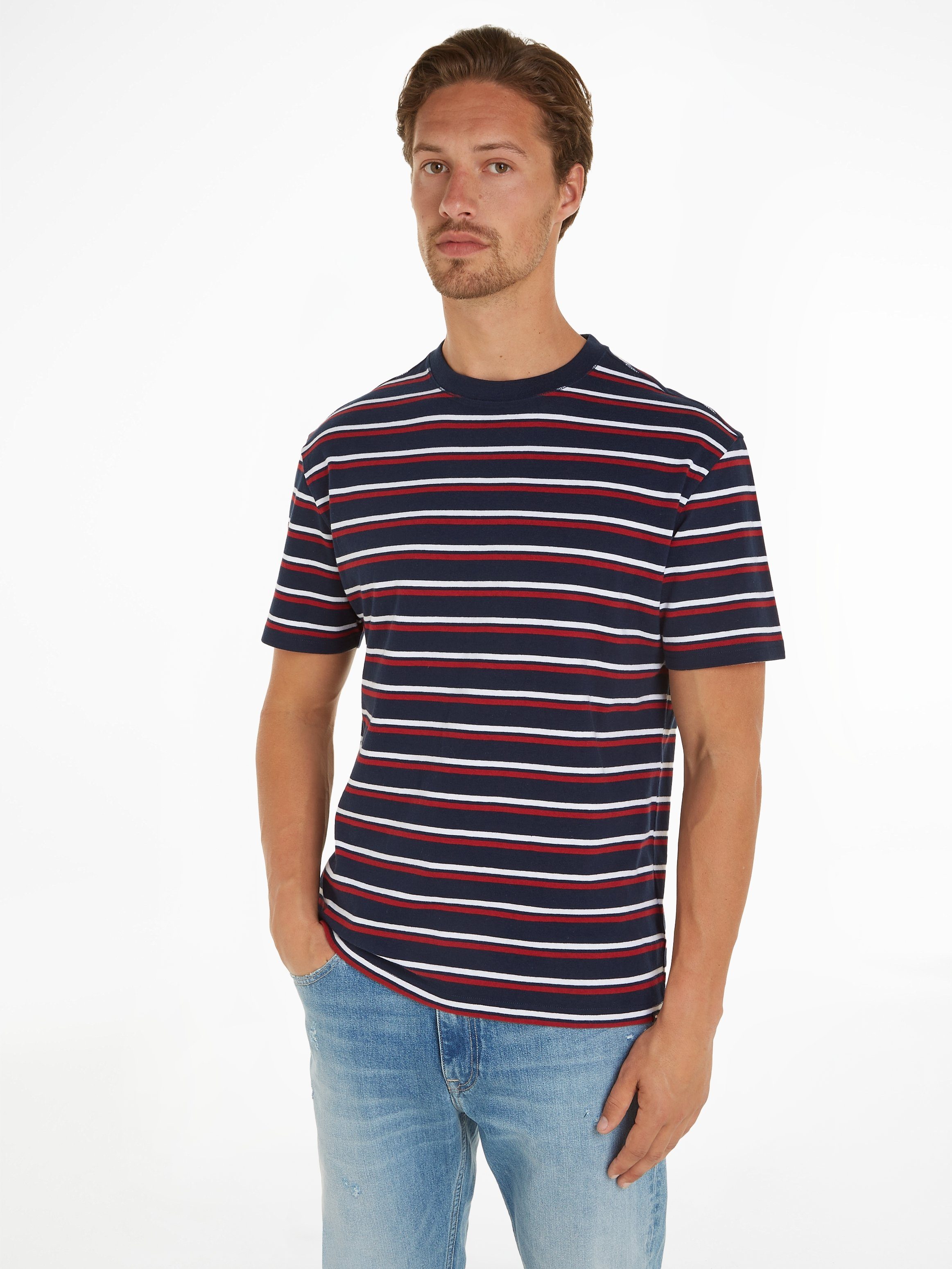 Tommy Jeans T-Shirt TJM REG EASY STRIPE TEE mit mehrfarbigen Streifen Dark Night Navy / Multi