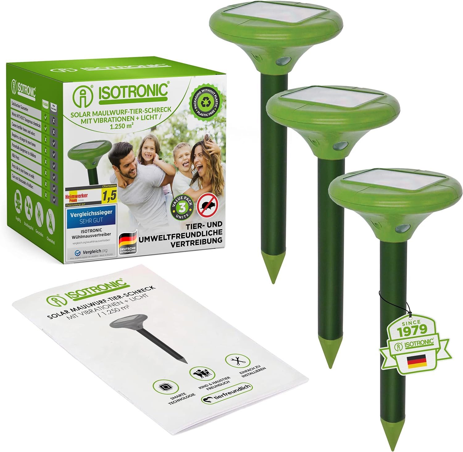 ISOTRONIC Vibrations-Tierabwehr Solar LED Maulwurfabwehr, 3-tlg.