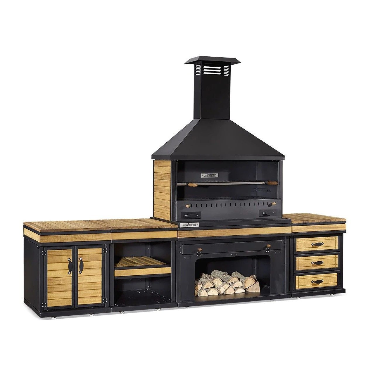 Xlmoebel Outdoor-Küche XLMOEBEL Außenküche Schwarz Holz Edelstahl mit großzügigem Kochbereich, Made in Europa