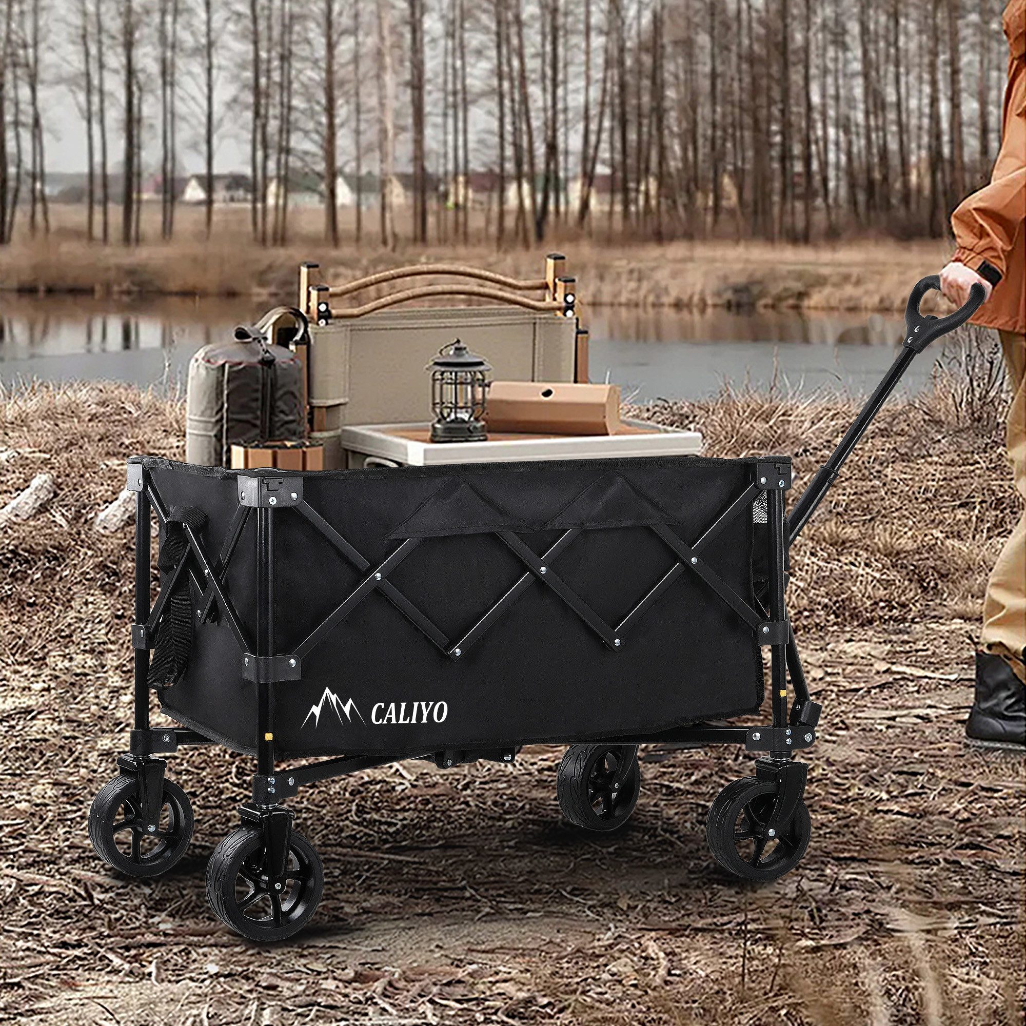 CALIYO Bollerwagen Handwagen Faltbar 100L 100KG Transportwagen mit Geländerädern, 4-seitig faltbarem Design leicht verstaubar Stabil platzsparend