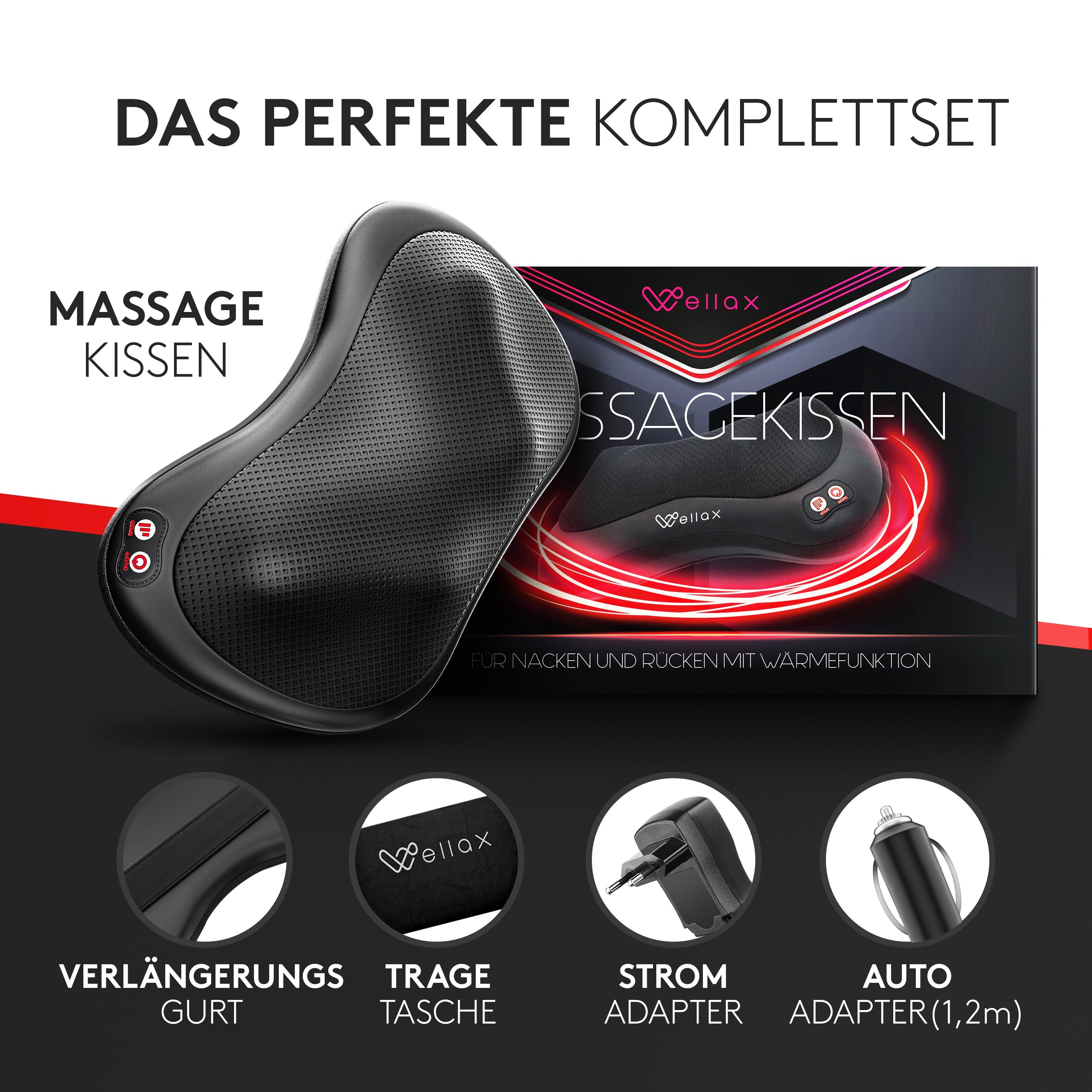 Wellax Nacken-Massagegerät mit Wärmefunktion - Massagekissen für Nacken und Schulter, 360° Shiatsu-Massage, 3 Geschwindigkeitsstufen inkl. Verlängerungsgurt