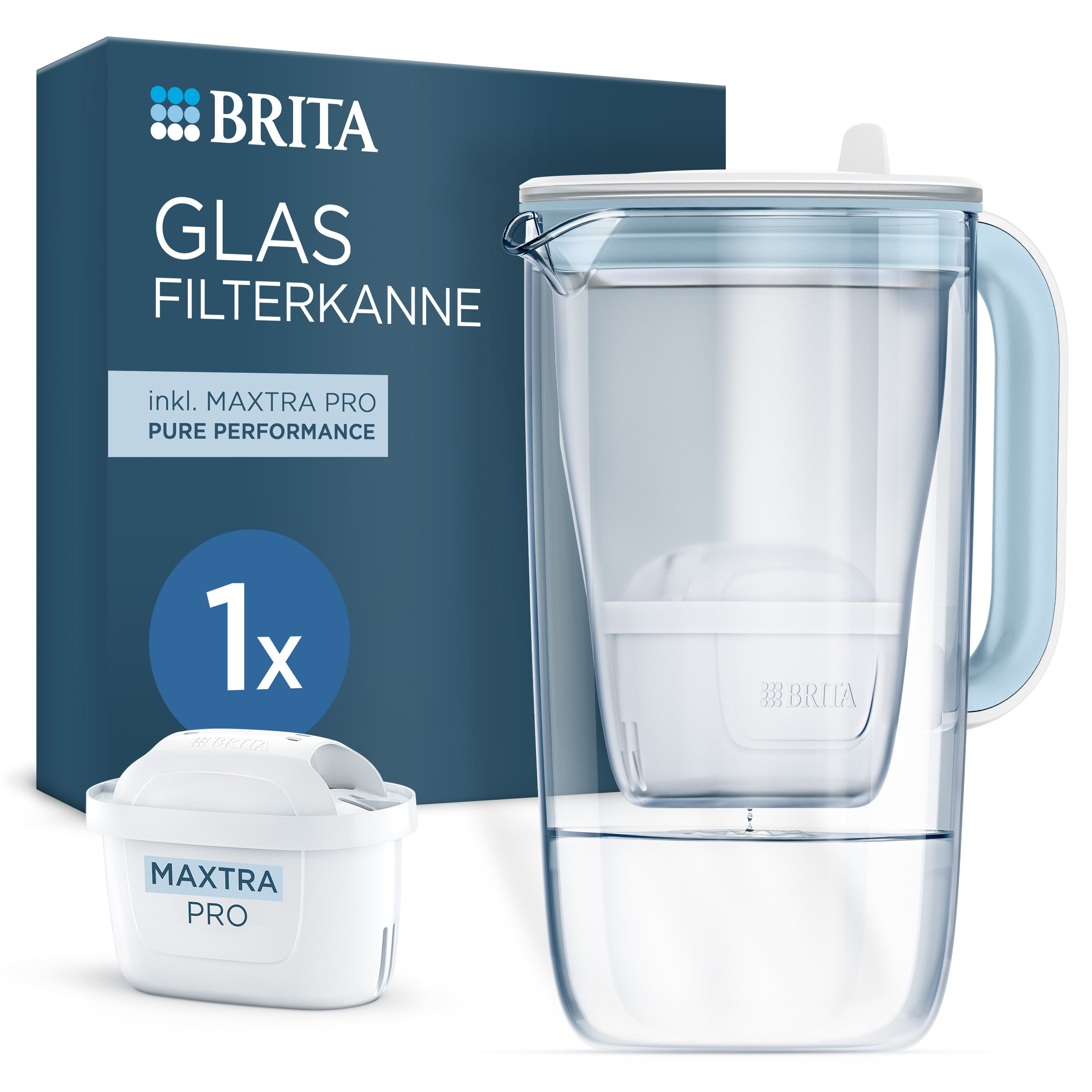 BRITA Wasserfilter Kanne Glas hellblau 2,5L inkl. 1 MAXTRA PRO Pure Performance Kartusche, Premium Kanne aus Glas filtert Verunreinigungen, Kalk, Metalle & mehr