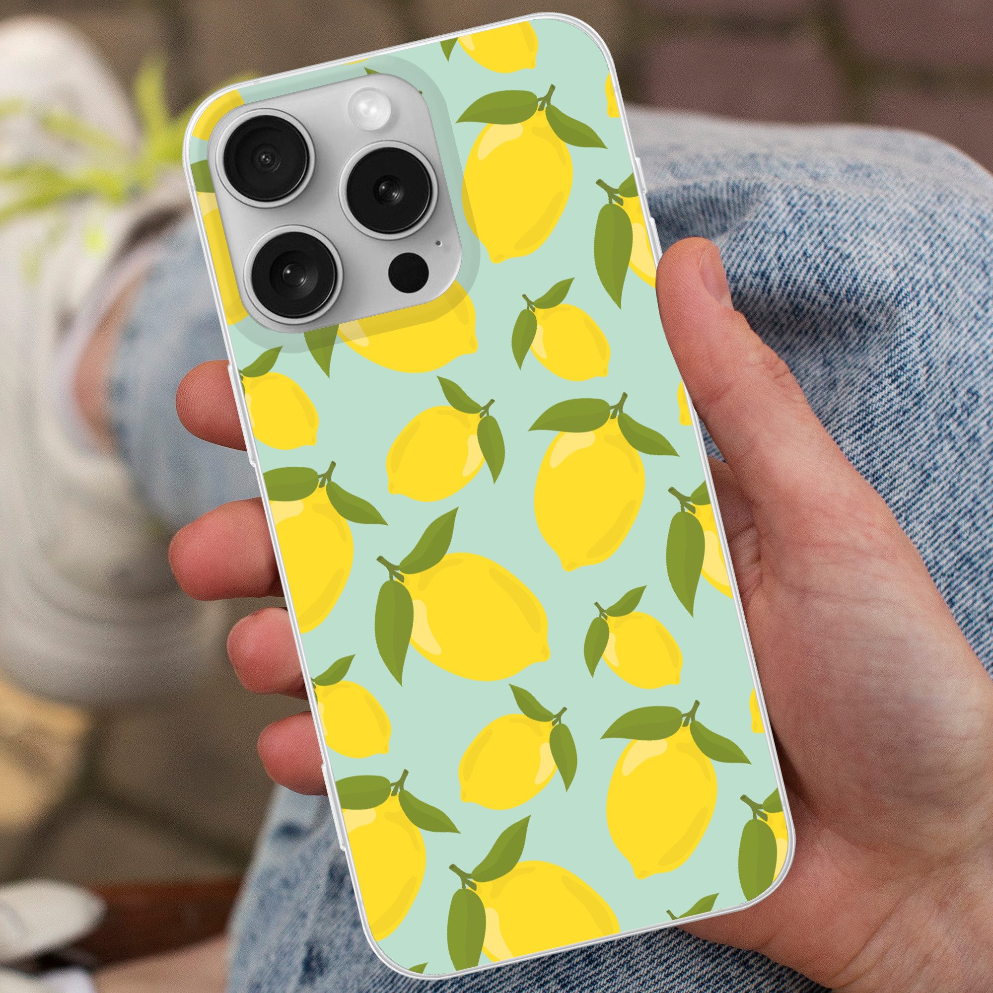 MuchoWow Handyhülle für Apple iPhone 16 Pro Muster Zitronen - Gelb - Blau - Muster - Früch, Smartphone-Bumper, Print, Handy Schutzhülle Dünn