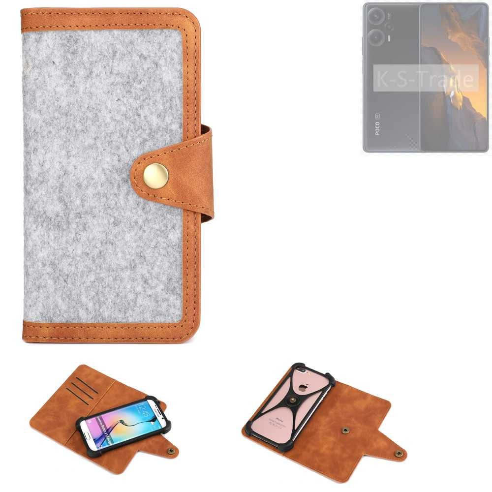 K-S-Trade Handyhülle für POCO F5, Handyhülle Schutzhülle Filz-Hülle Kunst-Leder hellgrau braun