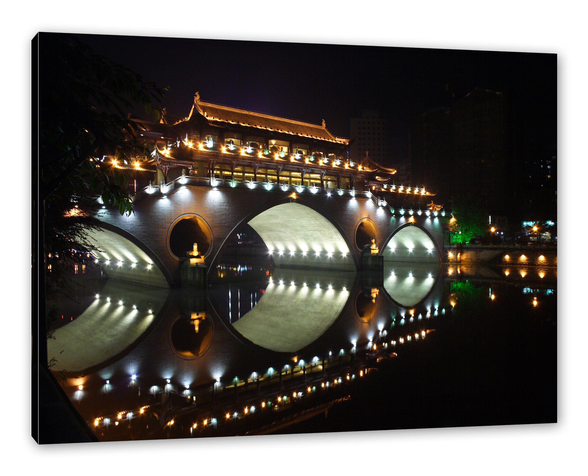 inkl. St), chinesische Pixxprint hellerleuchtete Zackenaufhänger Leinwandbild hellerleuchtete chinesische bespannt, fertig Leinwandbild (1 Brücke Brücke,