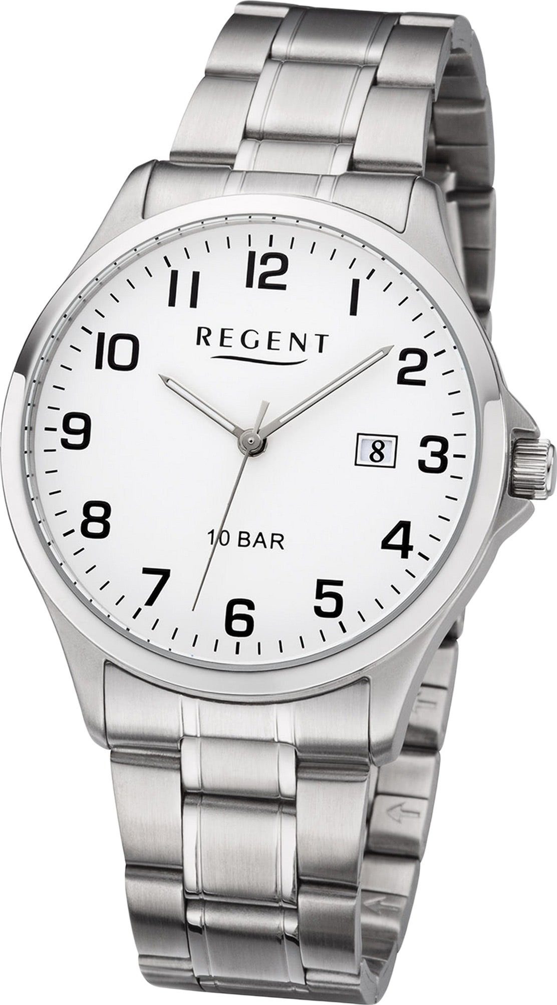 Herren Analog, Regent mittel Quarzuhr Metallarmband rundes Uhr Herrenuhr F-1190 silber, (ca. 39mm) Gehäuse, Regent Metall