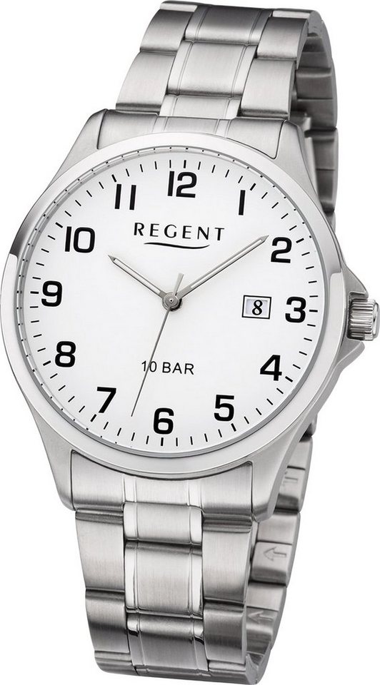Regent Quarzuhr Regent Metall Herren Uhr F-1190 Analog, Herrenuhr  Metallarmband, rundes Gehäuse, mittel (ca. 39mm) weiß