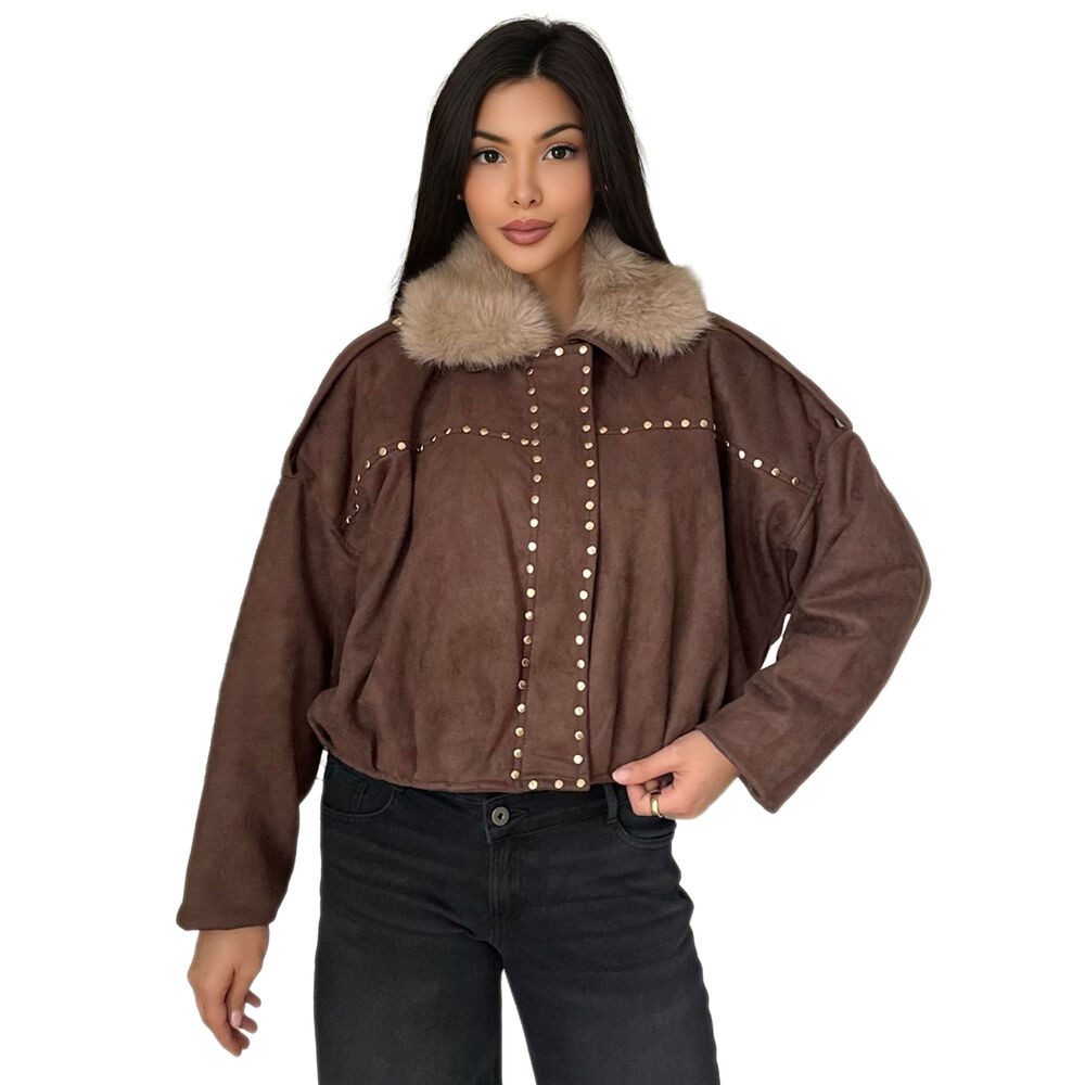 Ital-Design Bomberjacke Trendige Damenjacke mit Nieten und Kuschelkragen (90800186) Dekofell Gefüttert Winterjacke in Braun – Bild 5 von 5