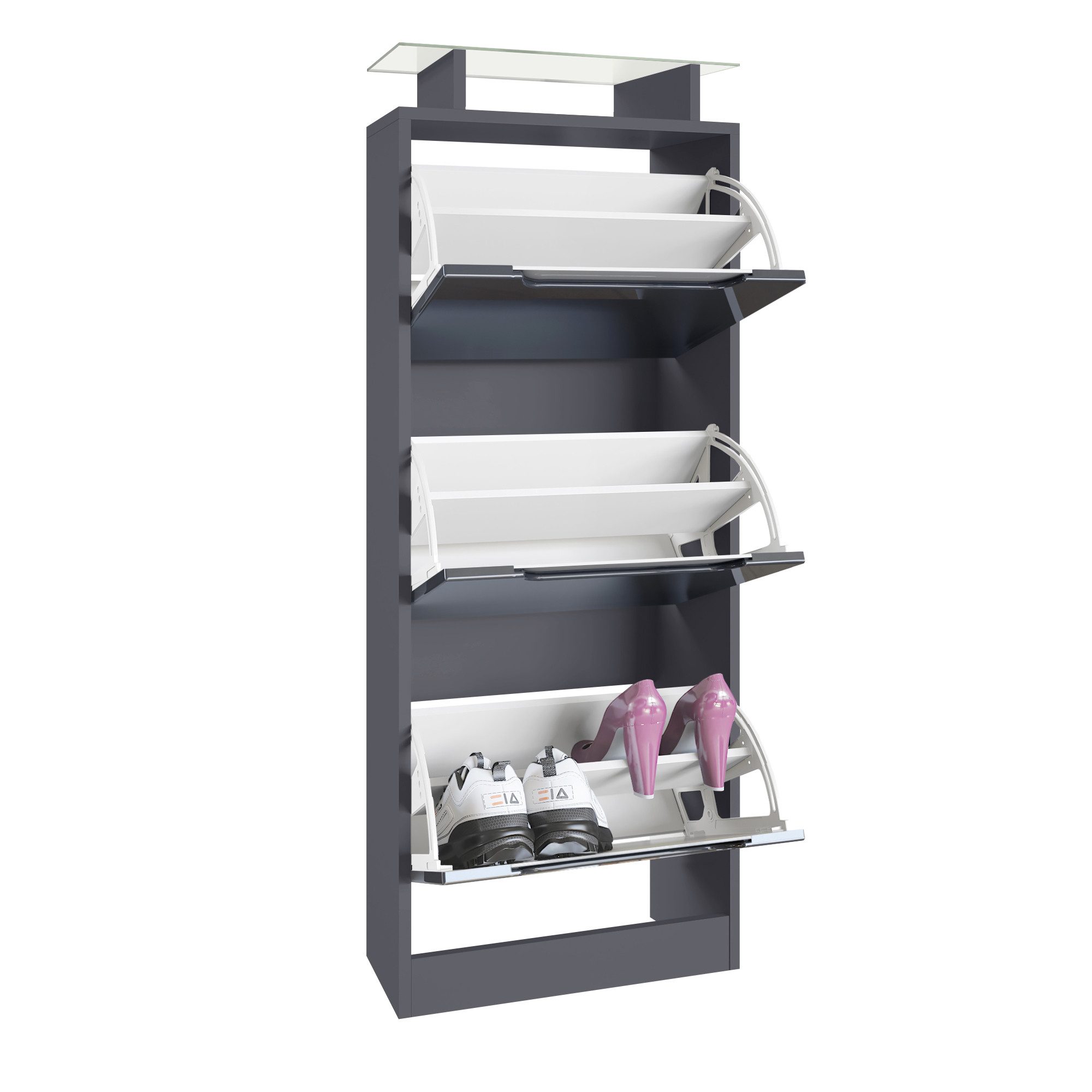 Vladon Schuhschrank Space V2 (Schuhkipper, für 12 Paar Schuhe mit 3 Klappen und Glasablage) Anthrazit matt/Brombeer Hochglanz (46 x 128 x 23 cm)