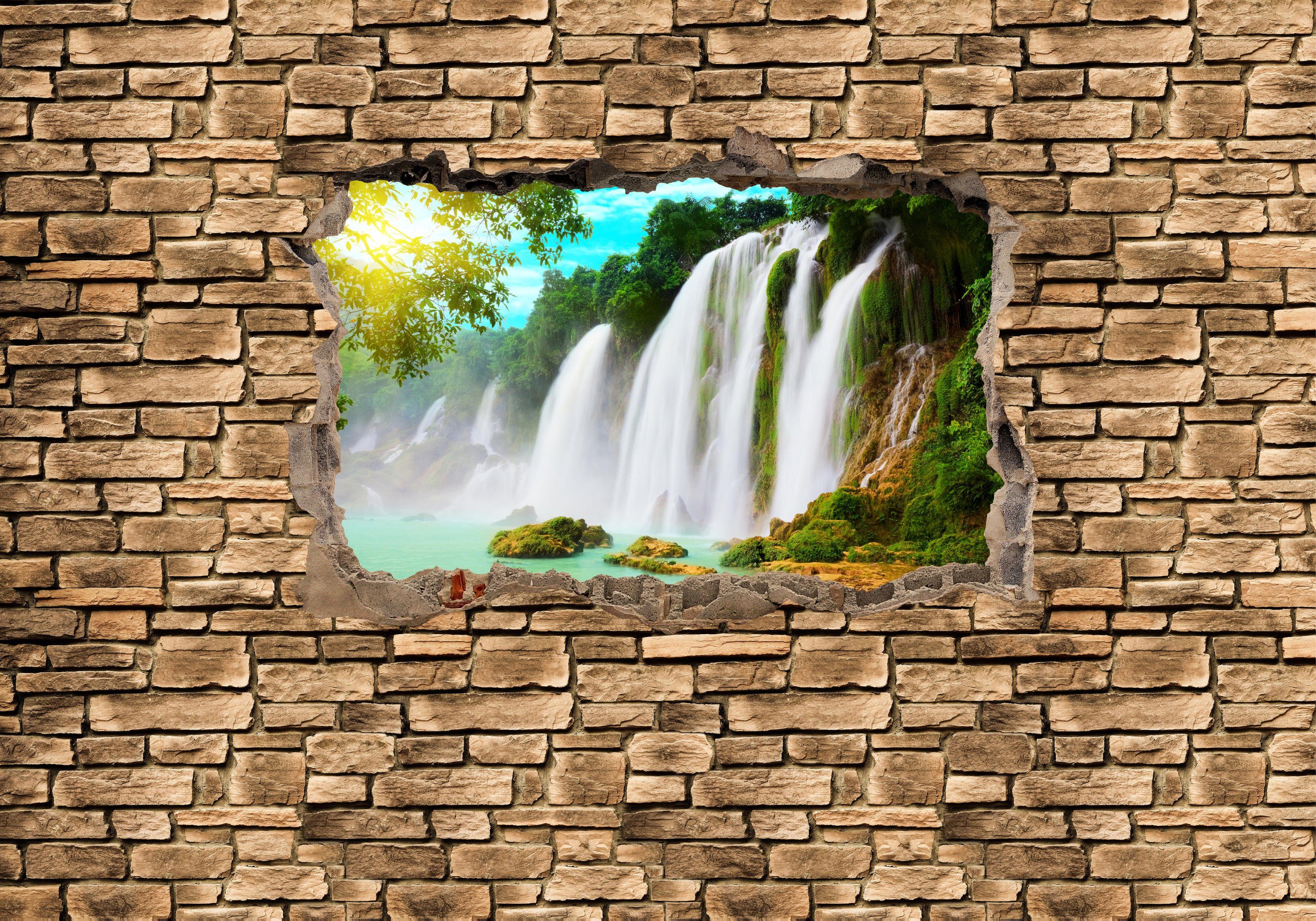 Vliestapete Fototapete wandmotiv24 - matt, Steinmauer, Motivtapete, Wandtapete, Wasserfall 3D glatt,