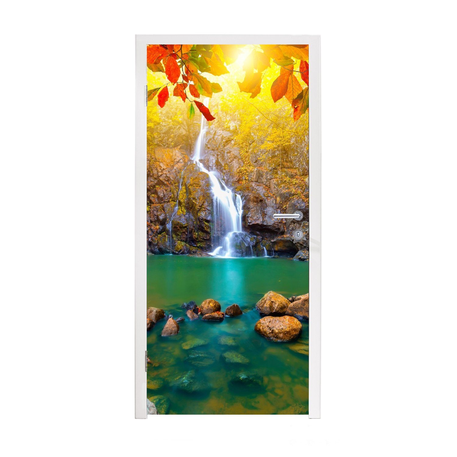 - - Matt, Türaufkleber, Herbst MuchoWow bedruckt, Steine Tür, (1 75x205 Türtapete cm für - Baum - Wasserfall Rot, St), Fototapete