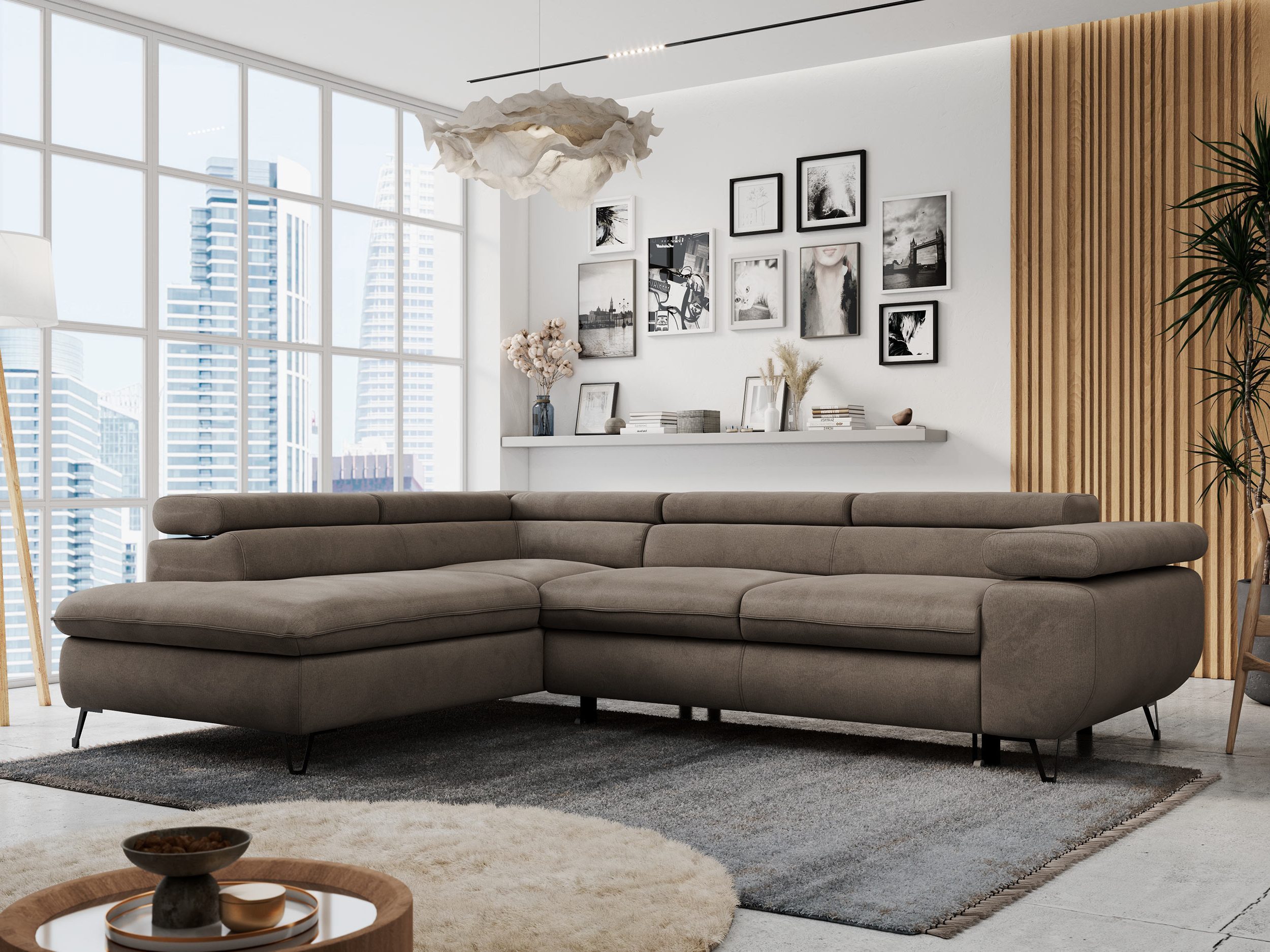 MKS MÖBEL Ecksofa PETER L, Set, Ecksofa L-form, HR35-Schaum, Wellenfederkern, Bettfunktion, Einstellbare Kopfstützen, Bettkasten