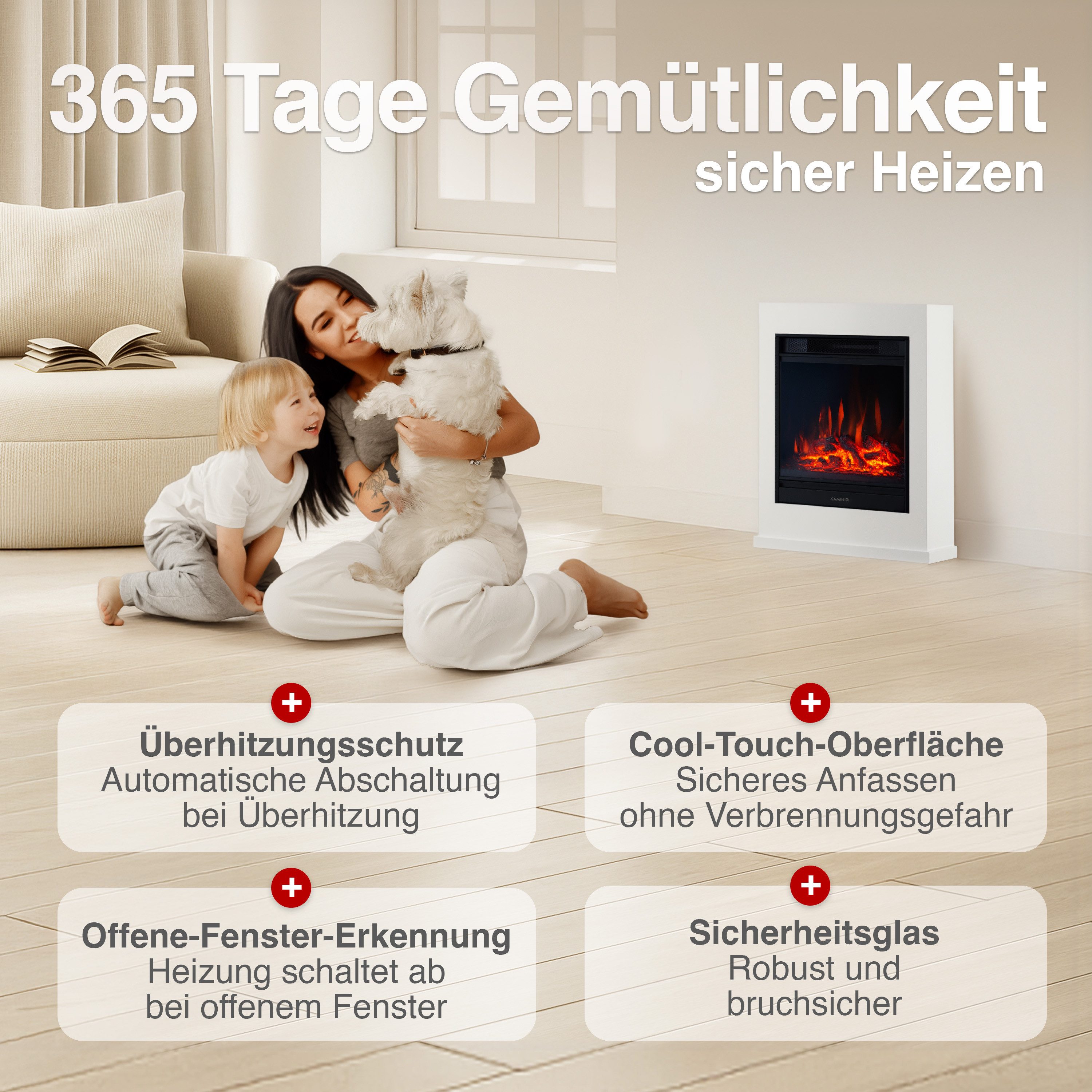 KAMINIO Elektrokamin KALLE, Elektrischer Kamin mit 3D-Flammeneffekt, Heizung 1800W – Bild 5 von 5