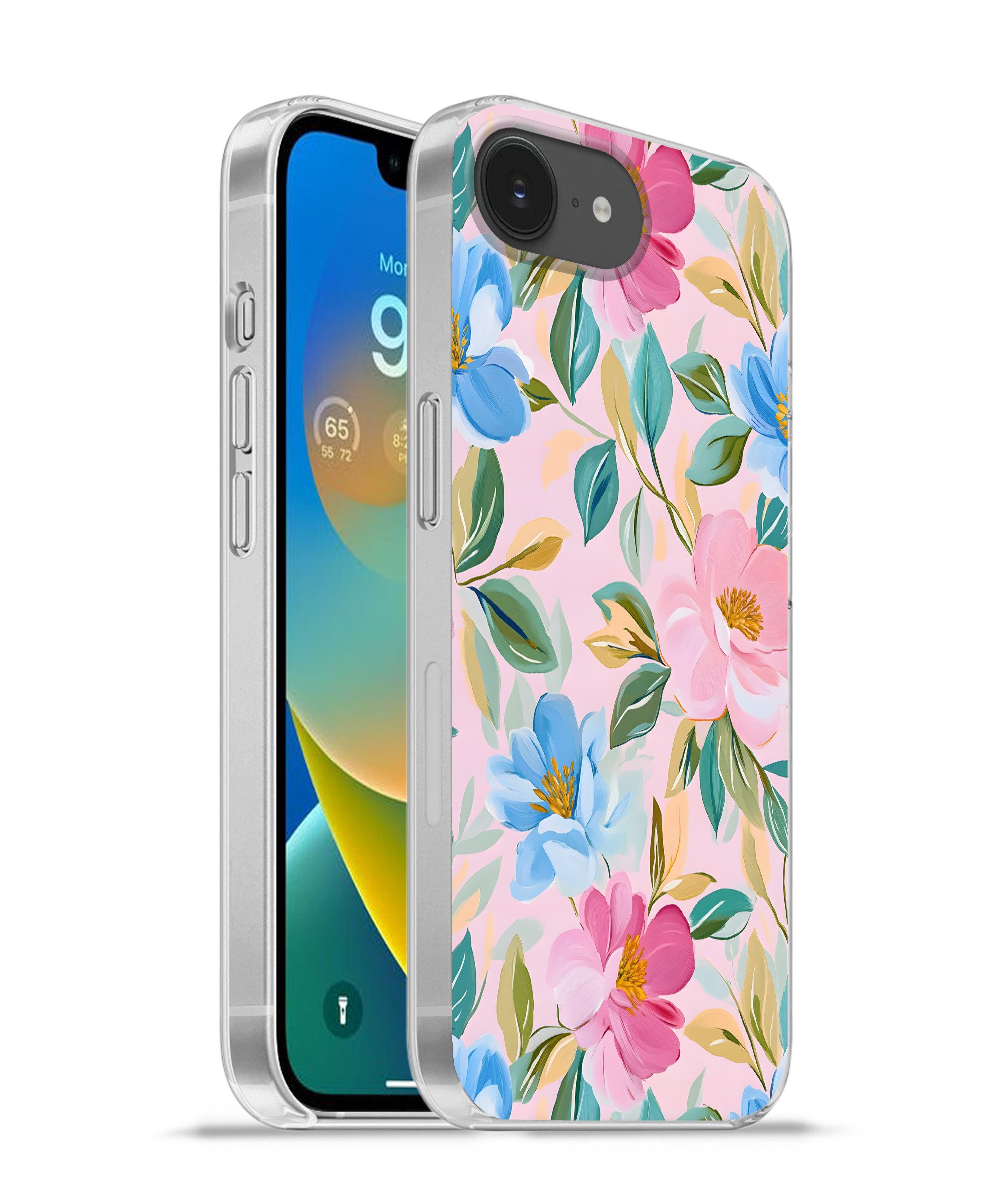 MuchoWow Handyhülle für Apple iPhone 16e Blau - Rosa - Blumen, Smartphone-Bumper, Print, Handy Schutzhülle Dünn