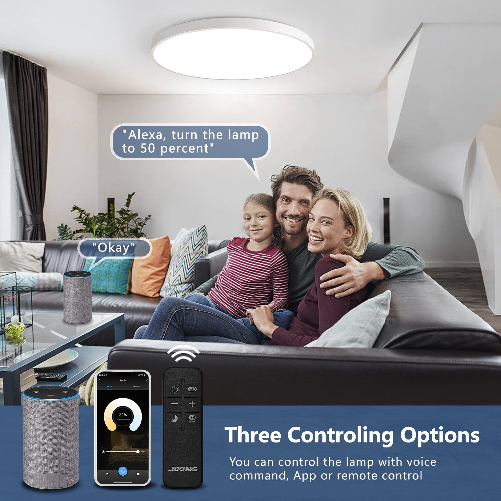 JDONG Deckenleuchte kompatibel mit Alexa Google Home Wifi, Ultra Dünn Ø50x4CM Flach Runde Deckenlamp, Dimmbar mit Fernbedienung 3000K-6500K, für Flur Wohnzimmer Schlafzimmer Büro Balkon