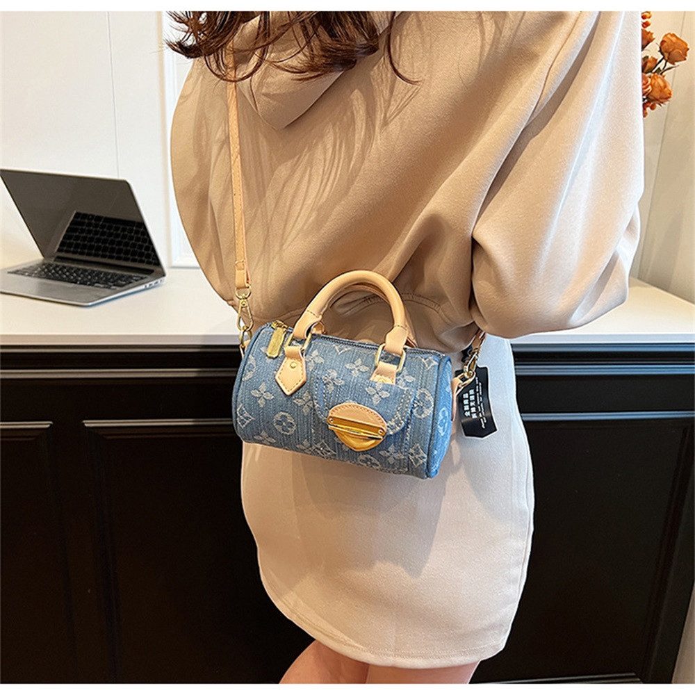 MOPUEA Umhängetasche Taschen für Frauen Frauentasche Kissenbeutel Handtasche Vintage (Gewebt Denim Handtasche Crossbody Taschen, 1-tlg., Handtaschen für Damen Fashion Trends Denim Boston), Runde Damen-Henkeltasche aus Denim im Zylinderstil mit Schultergurt
