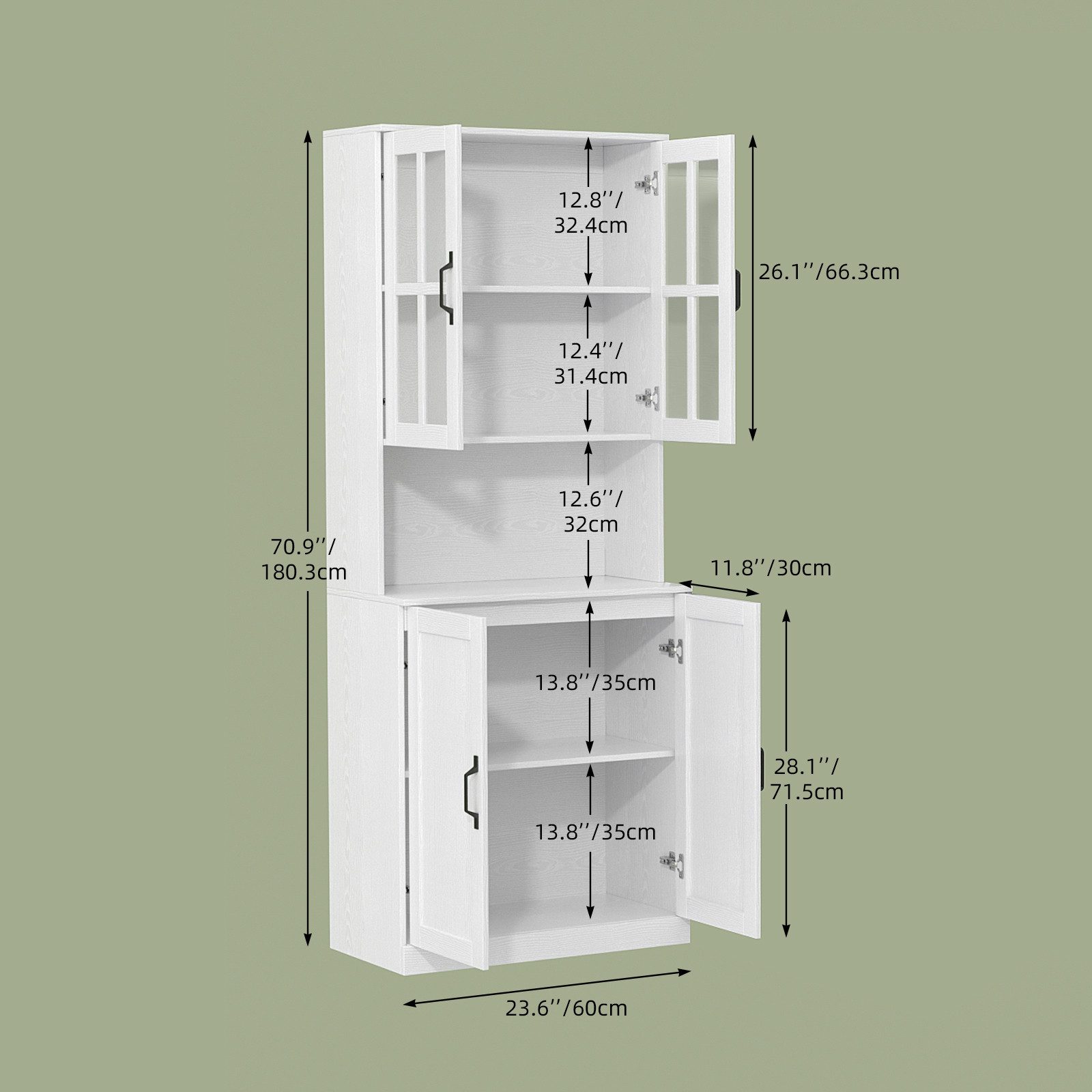 VOWNER Bücherregal mit Glastüren, offenem Fach & Arbeitsplatte – 5 Ebenen Hochschrank, 1-tlg., Vitrinenschrank Buffetschrank Standregal für Wohnzimmer & Büro
