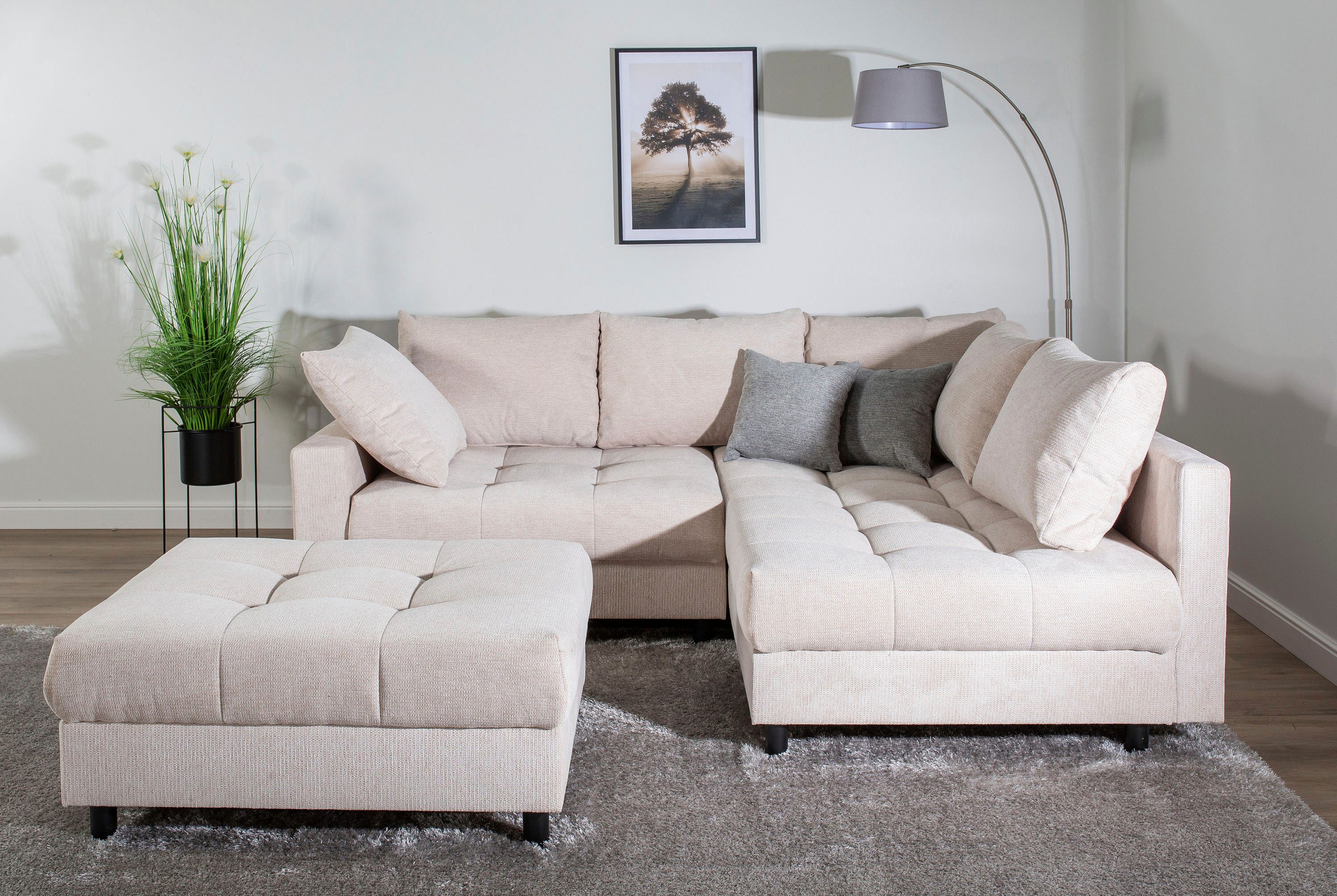 COLLECTION AB Ecksofa Toni L-Form, B: 215 cm, mit Hocker & 2 Zierkissen, Federkern
